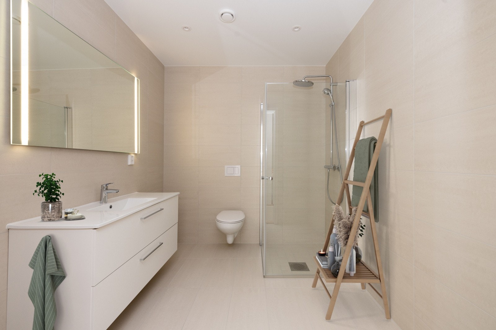 Pent, flislagt bad med varmekabler i gulv og servantinnredning med skuffer og helstøpt servant. - Digital møblering, kun en illustrasjon. Galleribilde