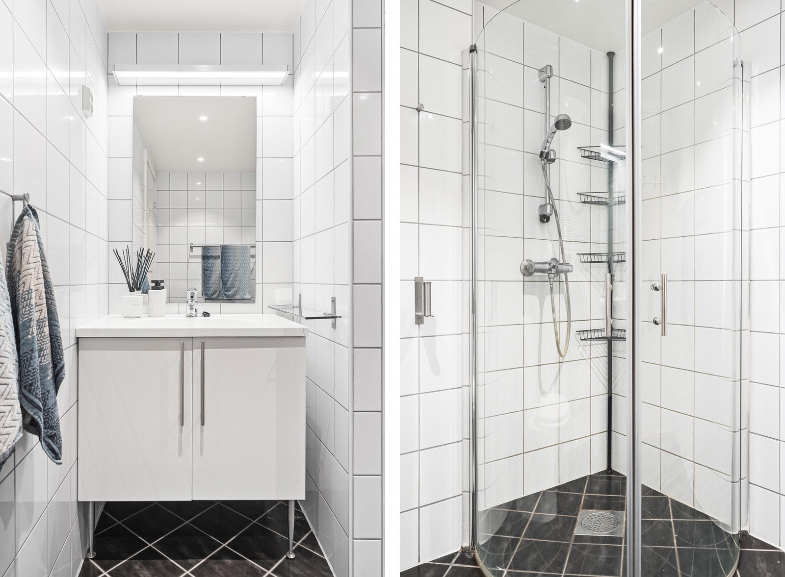 På badet er det toalett, servant med innredning, dusjhjørne og opplegg for vaskemaskin, Galleribilde