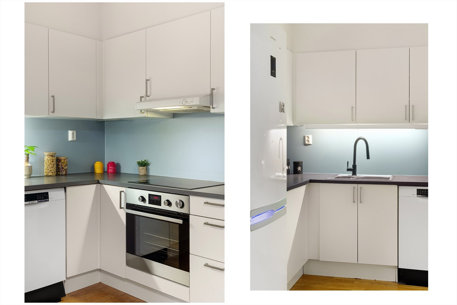 Utstyrt med hvitevarer som komfyr, platetopp, oppvaskmaskin, kjøl/fryseskap samt ventilator over kokesone. Galleribilde