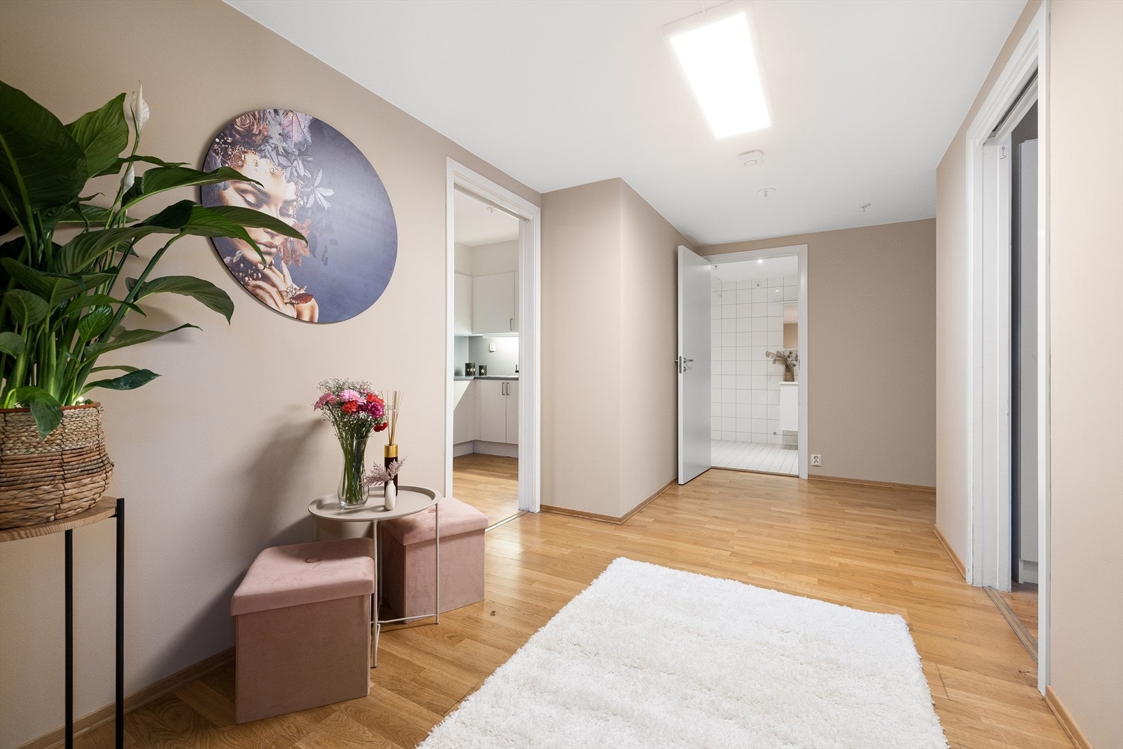 Gangen er romslig, og det er plass til skohylle og knagger for oppbevaring av yttertøy. Galleribilde