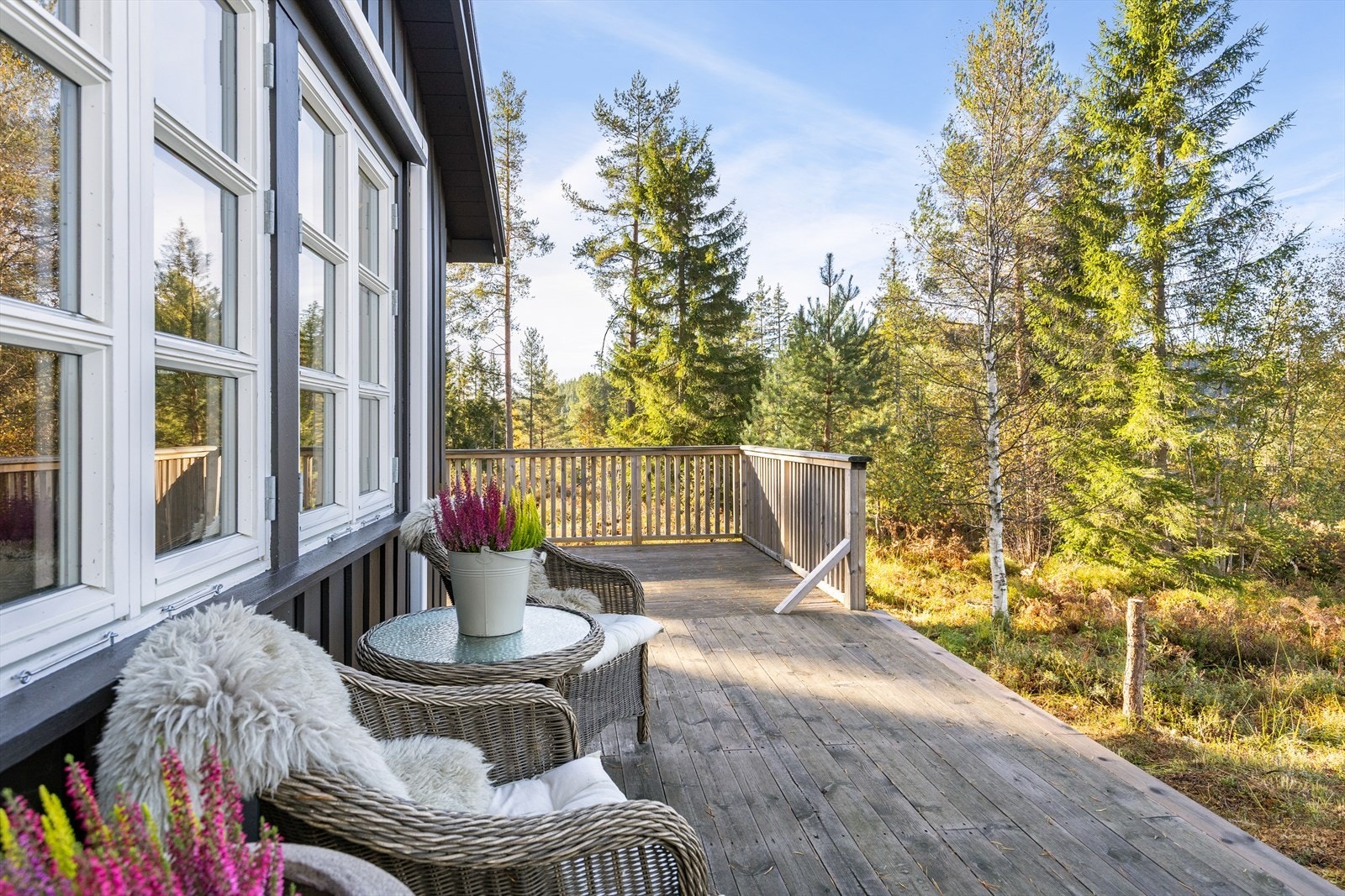 Koselige uteområder med terrasse som strekker seg rundt deler av hytta Galleribilde