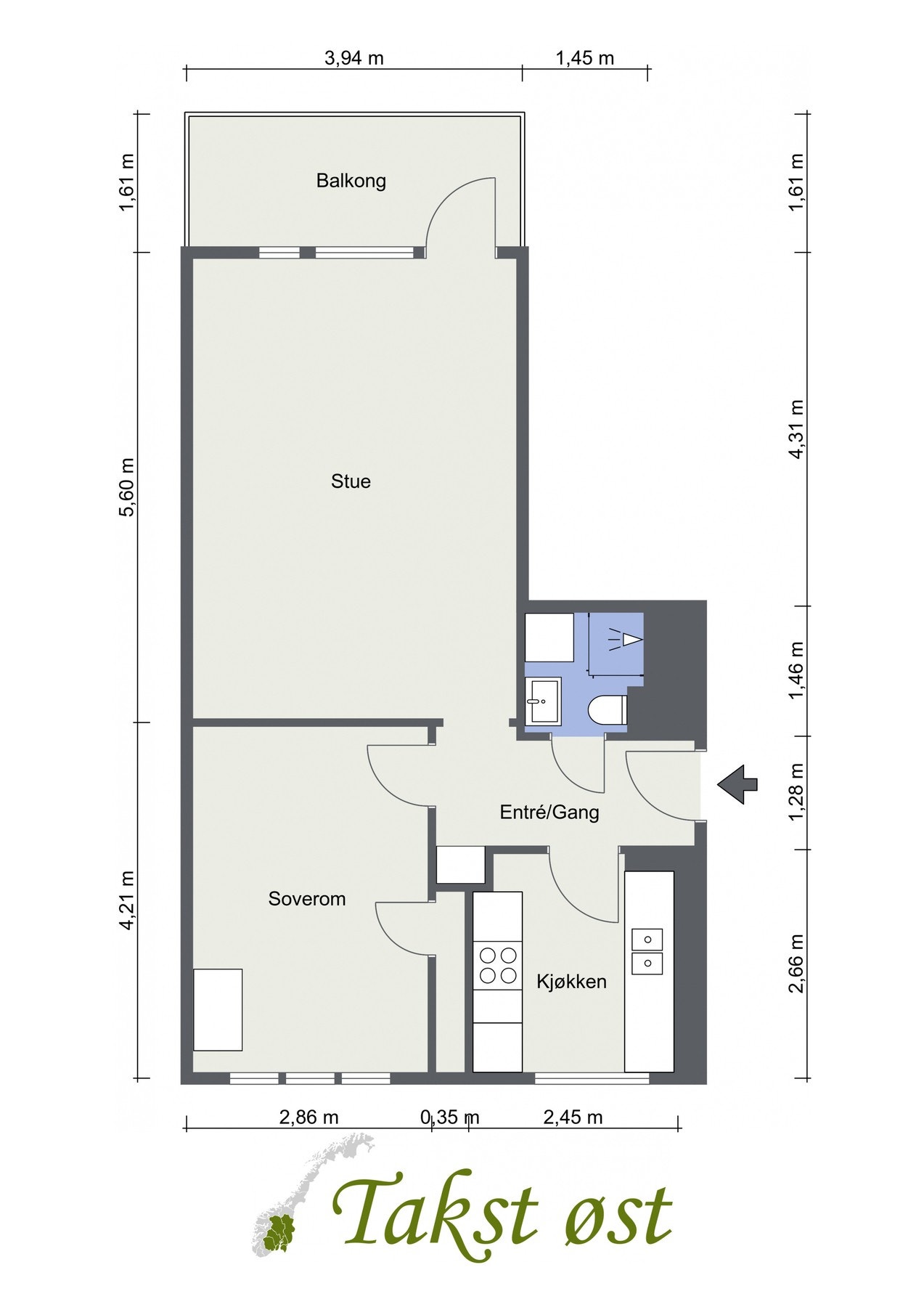 Plantegning. I tillegg disponerer leiligheten en kjellerbod på 2,7 kvm. Galleribilde