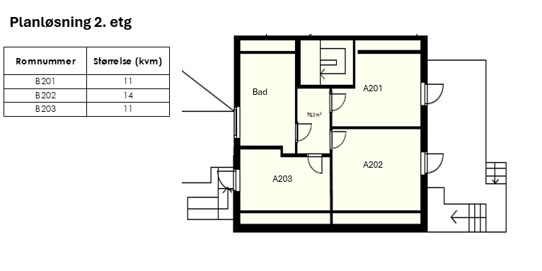 2. etg består av 3 soverom med utgang til terrassen og 1 bad Galleribilde