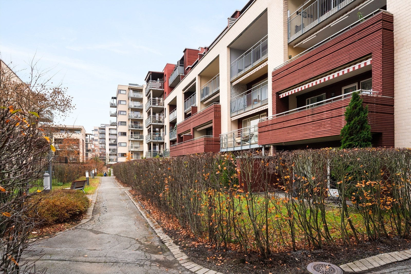 Fellesområdene er pent opparbeidet med gangstier og beplantning. Galleribilde