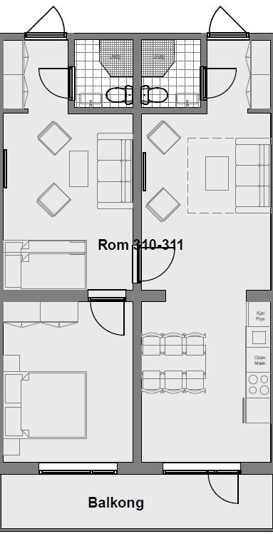 Plantegning leil 310 (venstre) og 311 (høyre). Leiligheten kan brukes som én, eller hver for seg. Del til høyre har kjøkken. Illustrasjon. Galleribilde