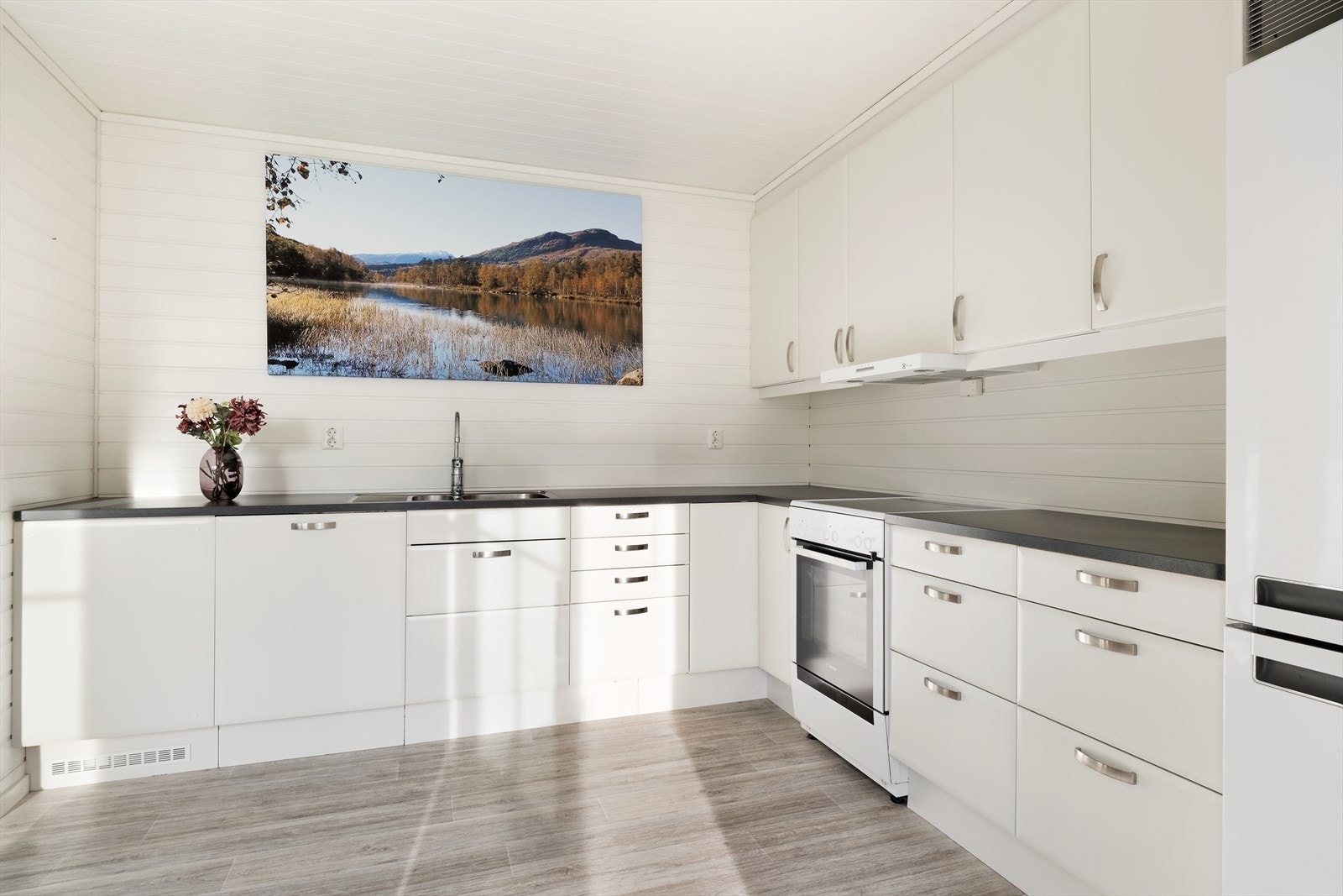 Kvitevarer som kombinert frys-og kjøleskåp og komfyr er innebygd, oppvaskmaskin er integrert. Galleribilde