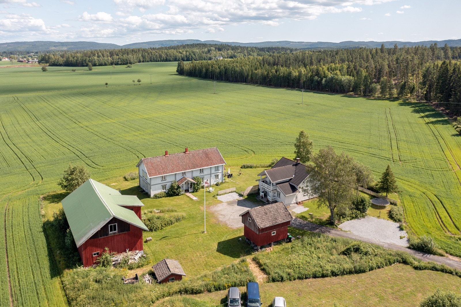 Landlig tun på 3,5 mål med 2 pene tømmerhus i sveitserstil, velholdt sjarm, stabbur og låve. Galleribilde