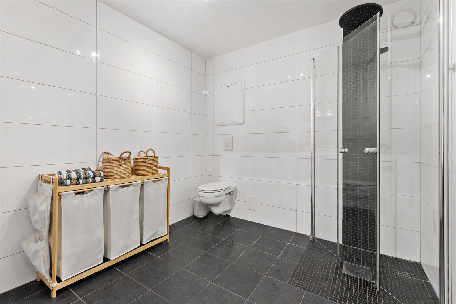 Det er vegghengt toalett og eget praktisk dusjhjørne, med ny regnfallsdusj fra 2022 Galleribilde