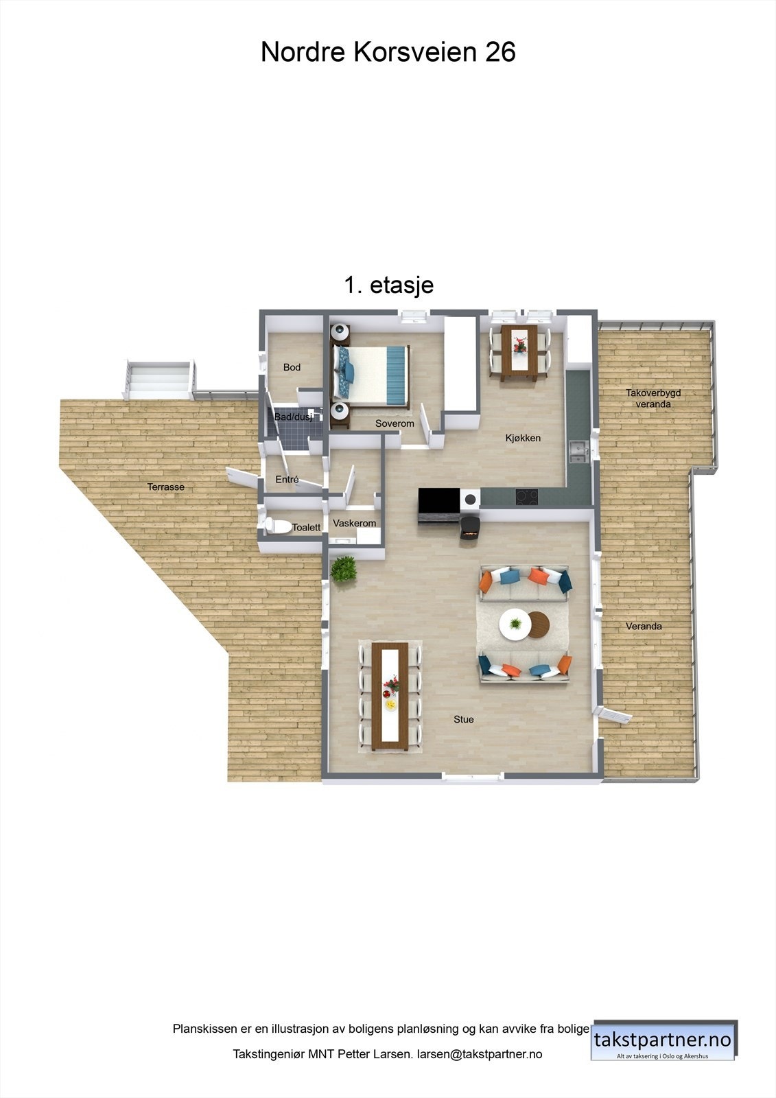 Hytta har store terrasseområder og en planløsning med alle rom på ett plan. Galleribilde