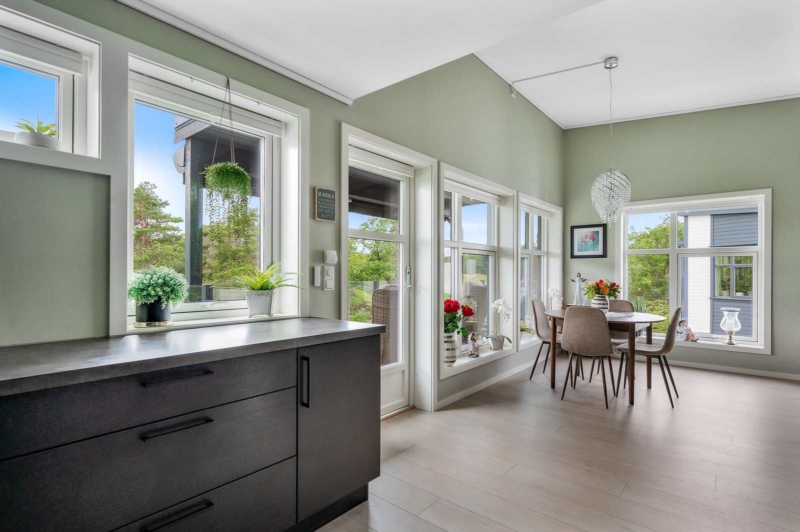 Pent innredet stue og kjøkken med utgang til solrik veranda Galleribilde