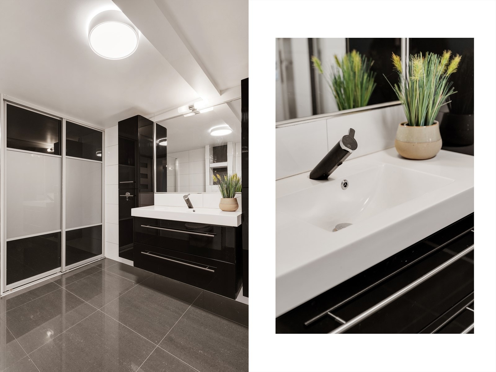 - Badet inneholder dusjdør i glass, innebygd sisterne, servant med underskap og opplegg for vaskemaskin - Galleribilde