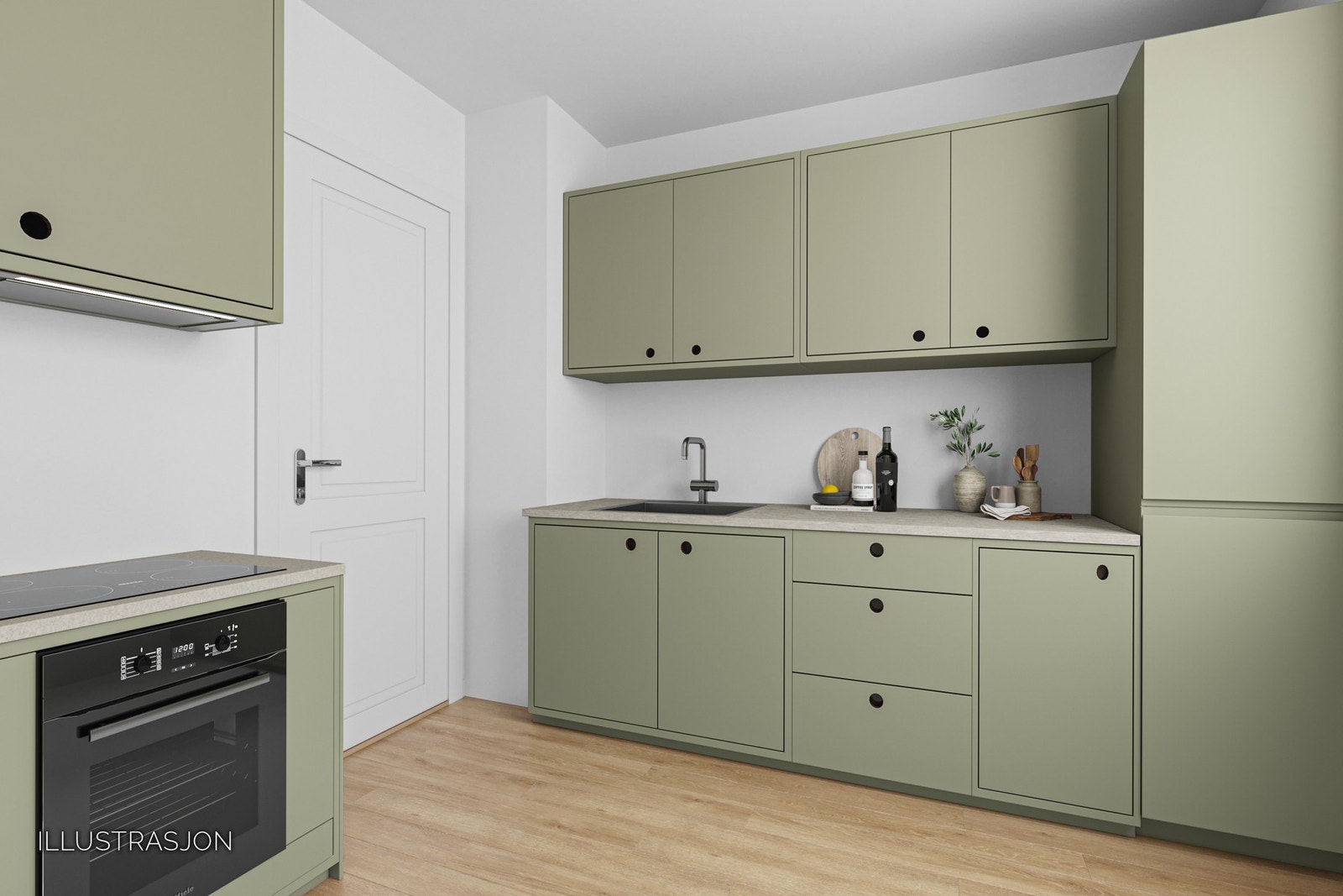 Kjøkkenet er digitalt møblert og pusset opp. Galleribilde