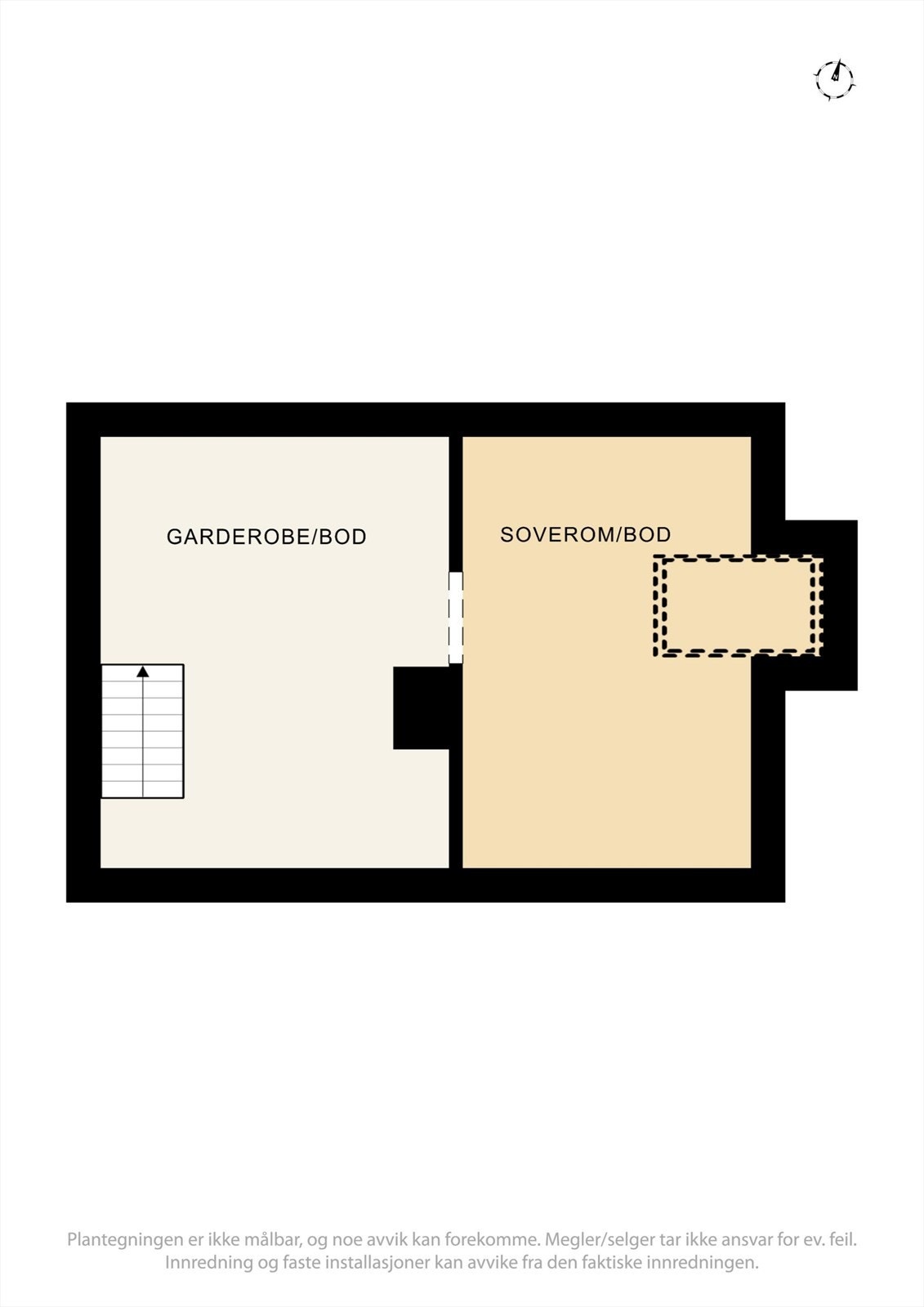 Plantegning loft - denne etasjen er ikke godkjent for varig opphold, men vindu i "soverom/bod" er godkjent av Horten kommune. Galleribilde