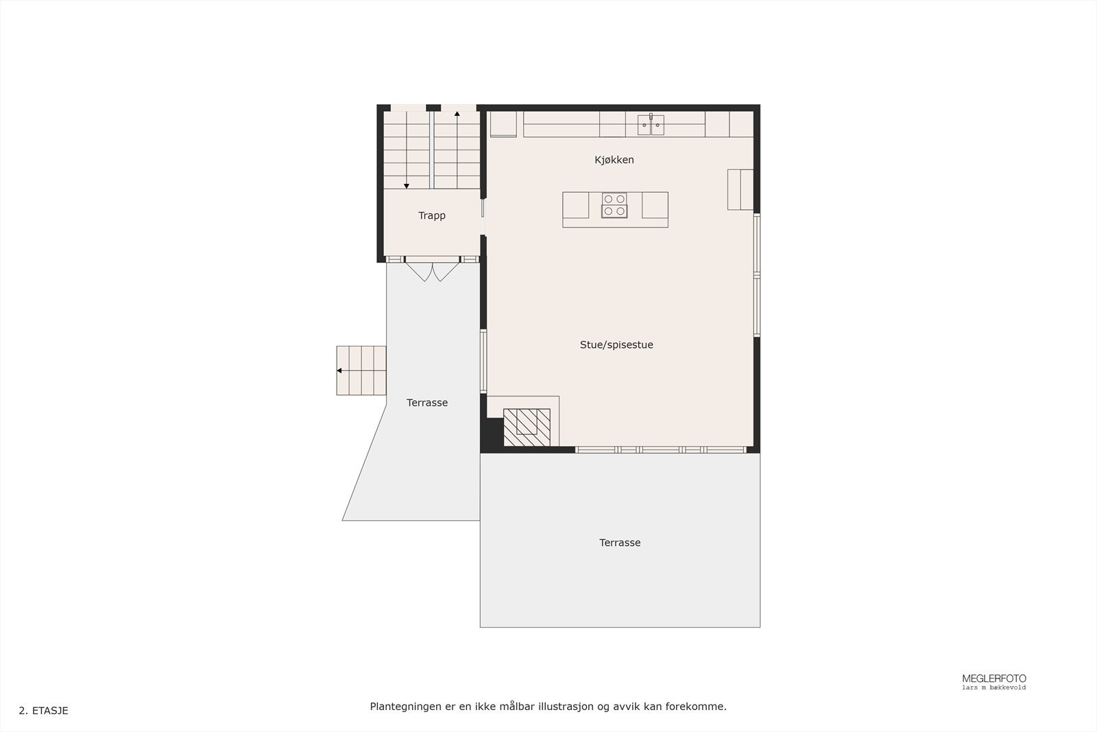 Plantegning av 2.etasje, men det er mulig å gå direkte inn fra terrassedøren på fremsiden. Galleribilde