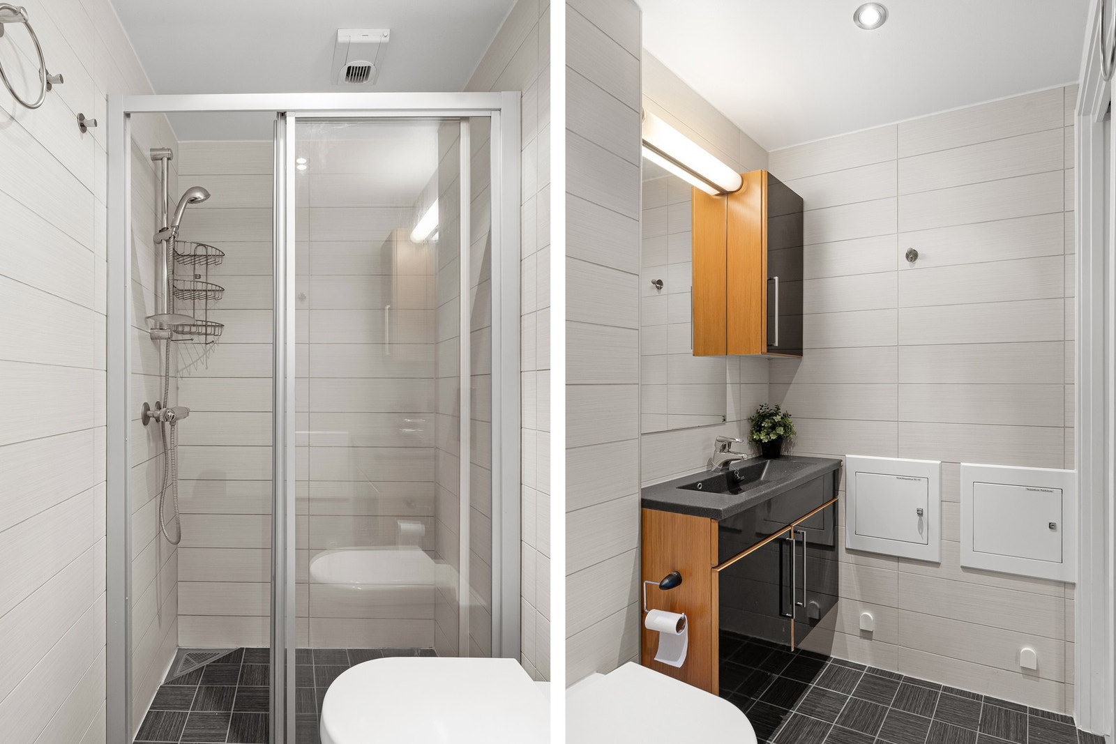 Badet er innredet med vegghengt servantskap med glatte fronter, nedsenket servant, og vegghengt speil med overbelysning. Videre er baderommet utstyrt med dusjhjørne med skyvedør og vegghengt toalett med innebygget sisternekasse. Galleribilde