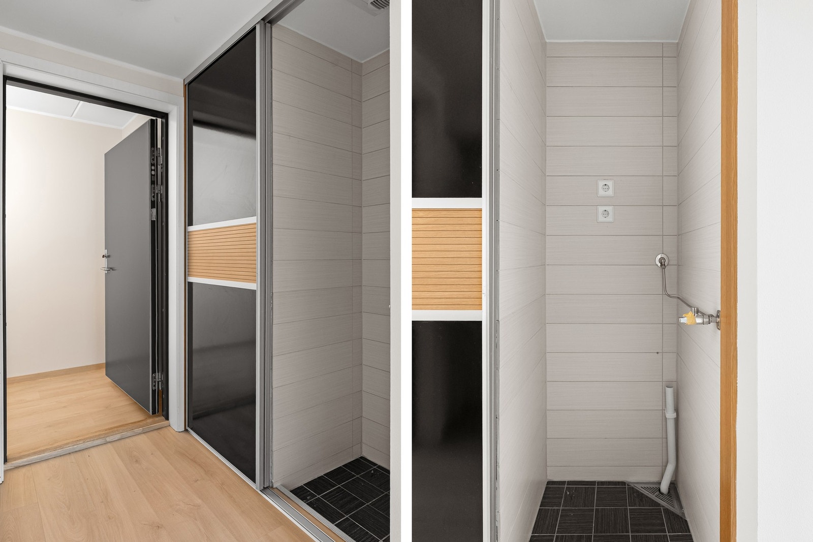 Innbydende entré utstyrt med skyvedørsgarderobe med plass til klesavhenging samt opplegg til vaskemaskin. Galleribilde