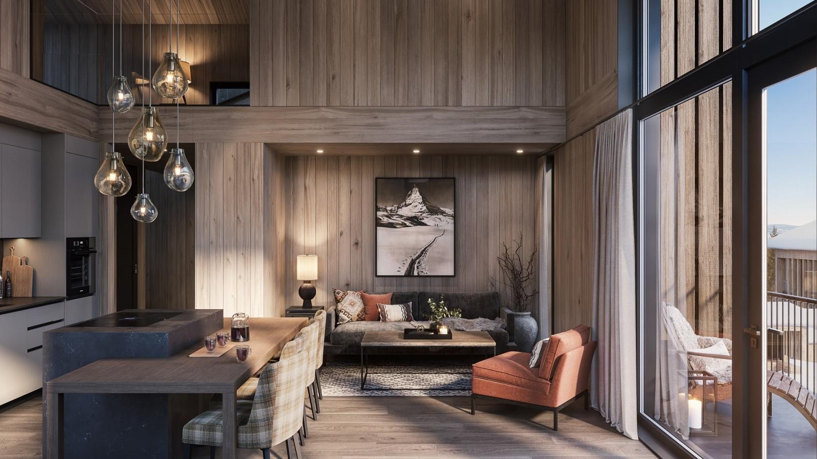 Mange av leilighetene har en fantastisk takhøyde. Illustrasjon av leil. E1. Illustrert kjøkkenøy er tilvalg. Galleribilde