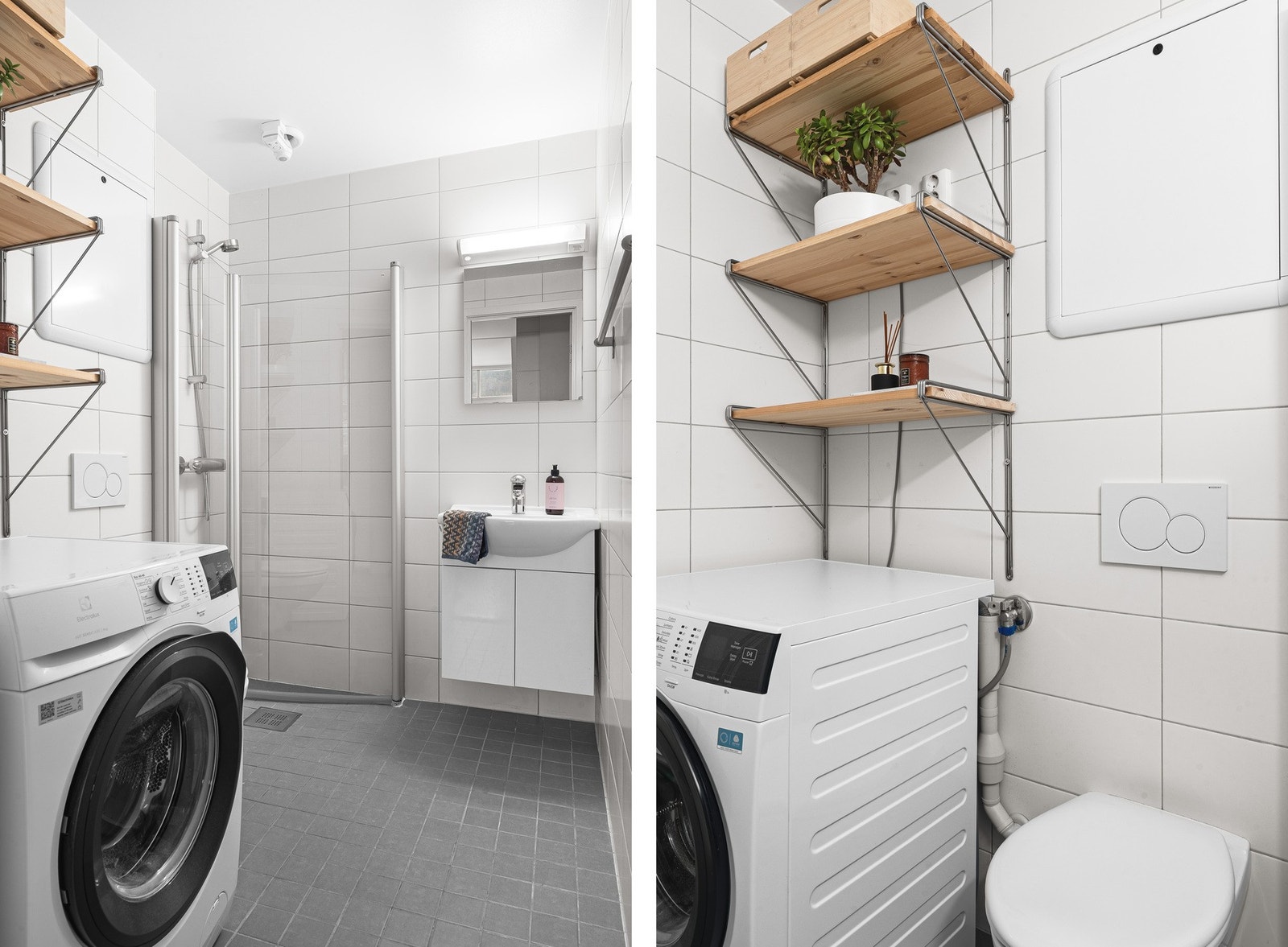 Her finner du dusjhjørne med hengslede glassdører, vegghengt toalett, opplegg for vaskemaskin og baderomsinnredning med heldekkende servant, speil og belysning. Galleribilde