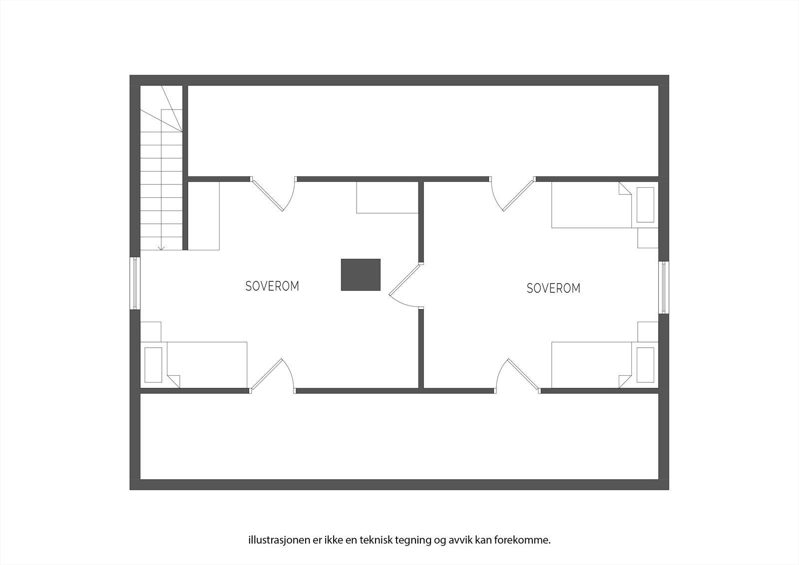 Loft.
Det finnes ingen godkjente bygningstegninger av loftetasjen. Etasjen er antatt godkjent som loft, og er i ettertid innredet. Loftet er ikke søkt bruksendret og er ikke godkjent som rom til varig opphold. Galleribilde