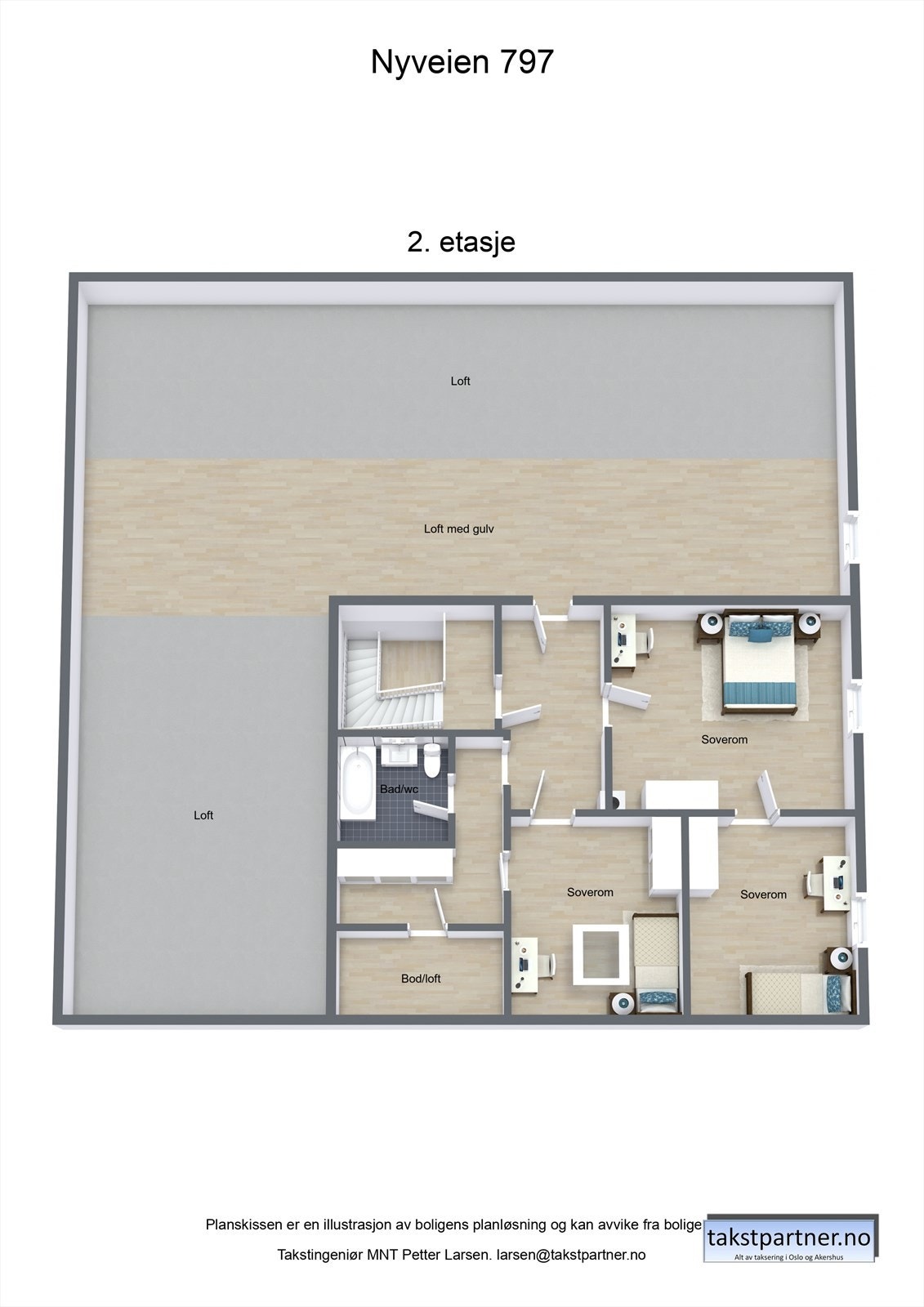 Plantegning 2. etasje. (Rom betegnet som soverom på plantegningen, tilfredsstiller ikke krav til dagslysflate). Galleribilde