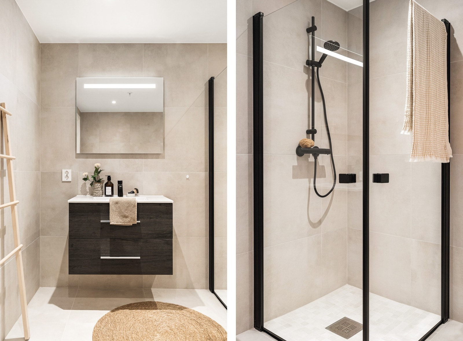 Dørene i dusjsonen kan skyves inntill veggen når den ikke benyttes, noe som frigjør gulvplass. Galleribilde