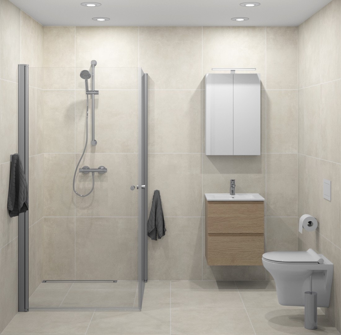 På badet i 3 etasje er det valgt lys fliser, en smakfull innredning i eik samt speil overskap med topplys. Downlights i tak. Galleribilde