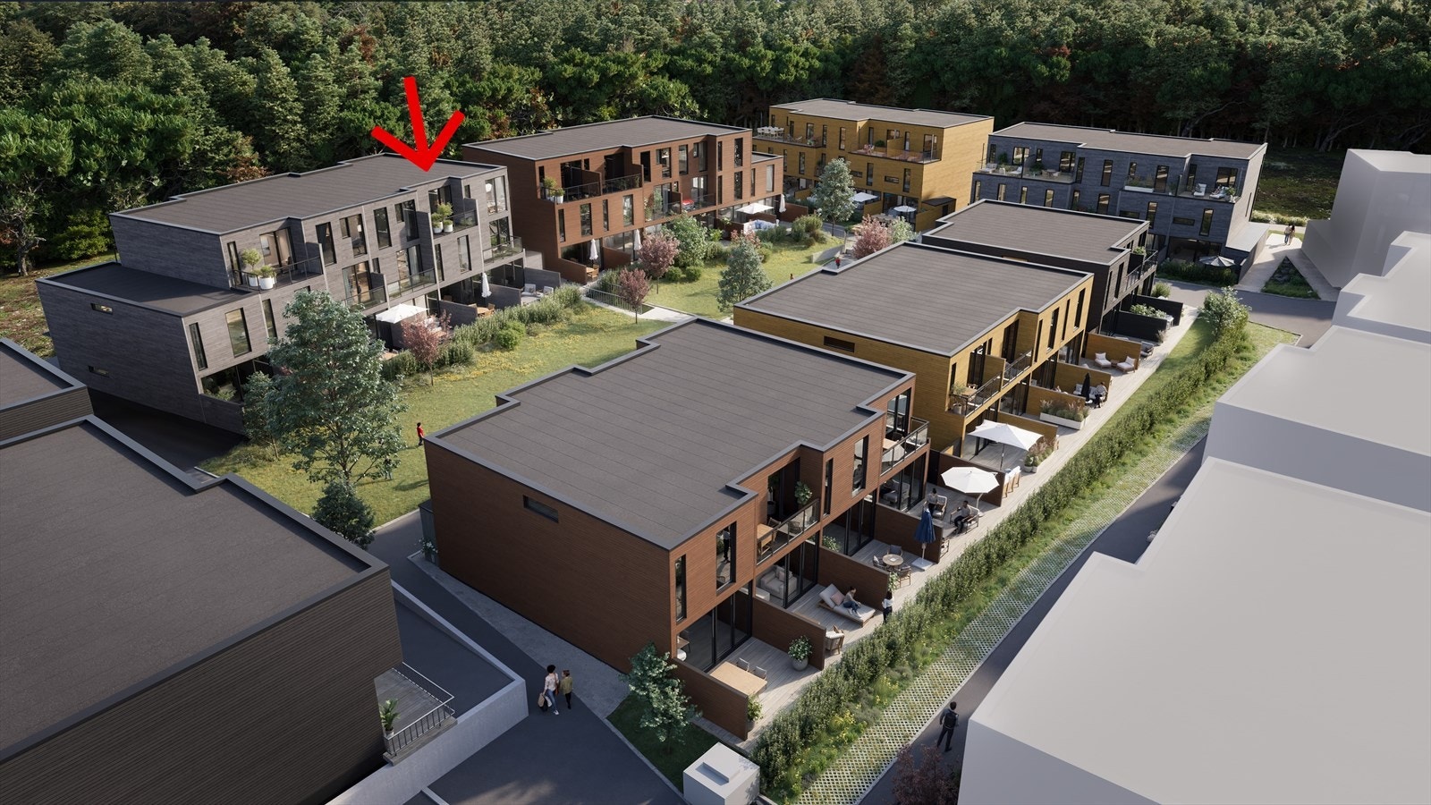 Rekkehuset får parkering i felles parkeringsanlegg under bakkenivå og hyggelig fellesareal til glede for store og små. Sentralt og barnevennlig med gangavst. til skoler, barnehager, idrettsanlegg og butikker. Illustrasjonsbilde - avvik vil forekomme! Galleribilde