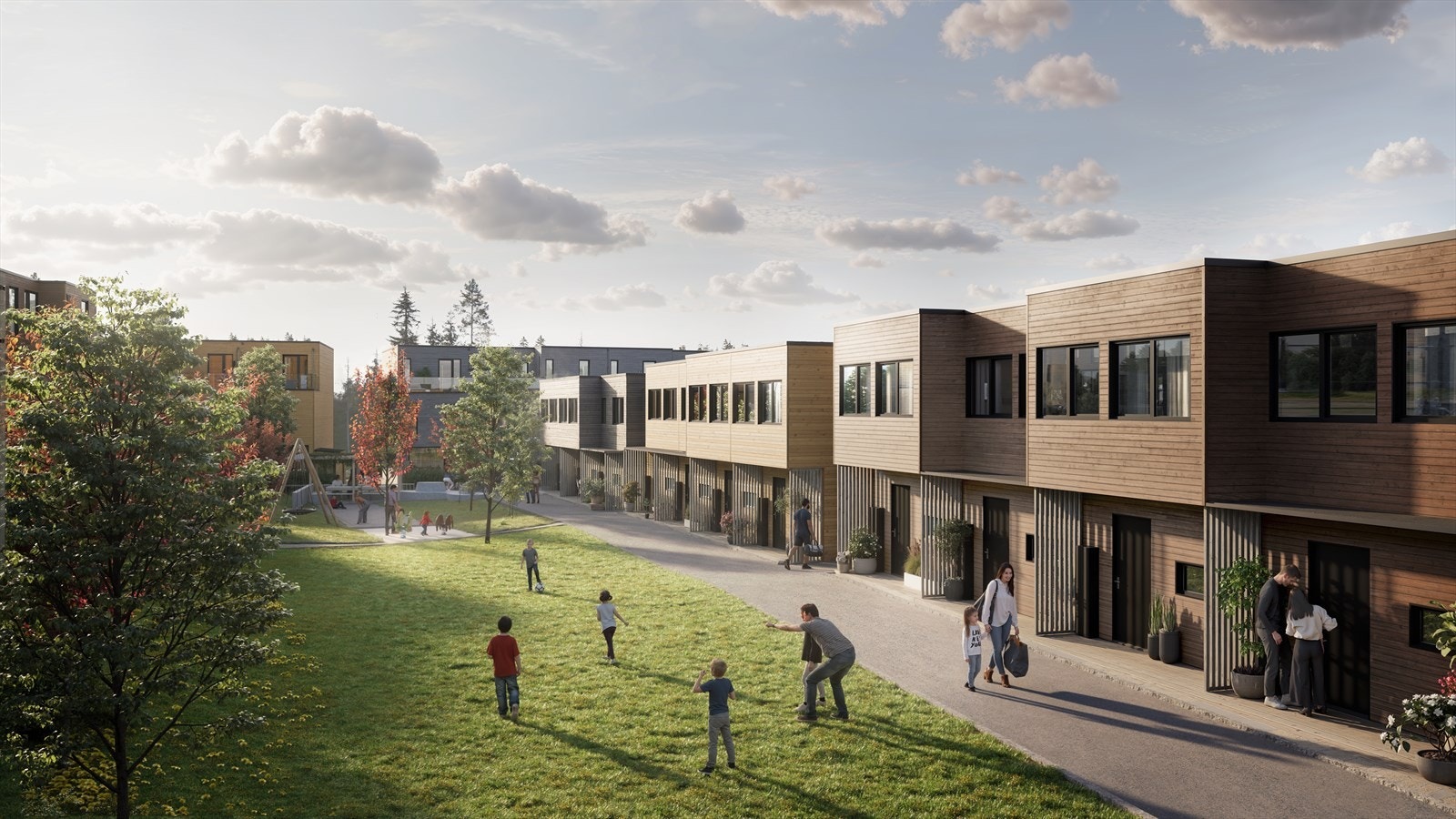 Løkkebo - Tun mot sørøst. - Boligprosjektet Løkkebo vil bli bestående av arealeffektive rekkehus i varierende størrelse og over to og tre etasjer. G3H2 har fin beliggenhet på "tunet". Illustrasjonsbilde - avvik vil forekomme! Galleribilde