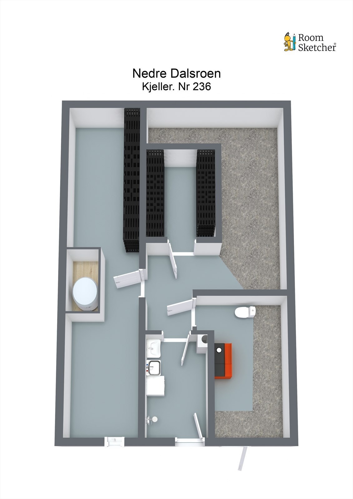 Boligen har ekstra lagringsplass i to kjellerboder og i et teknisk rom i kjelleren. Vaskerommet i kjelleren har servant, dusjhjørne og utslagsvask av stål. Galleribilde
