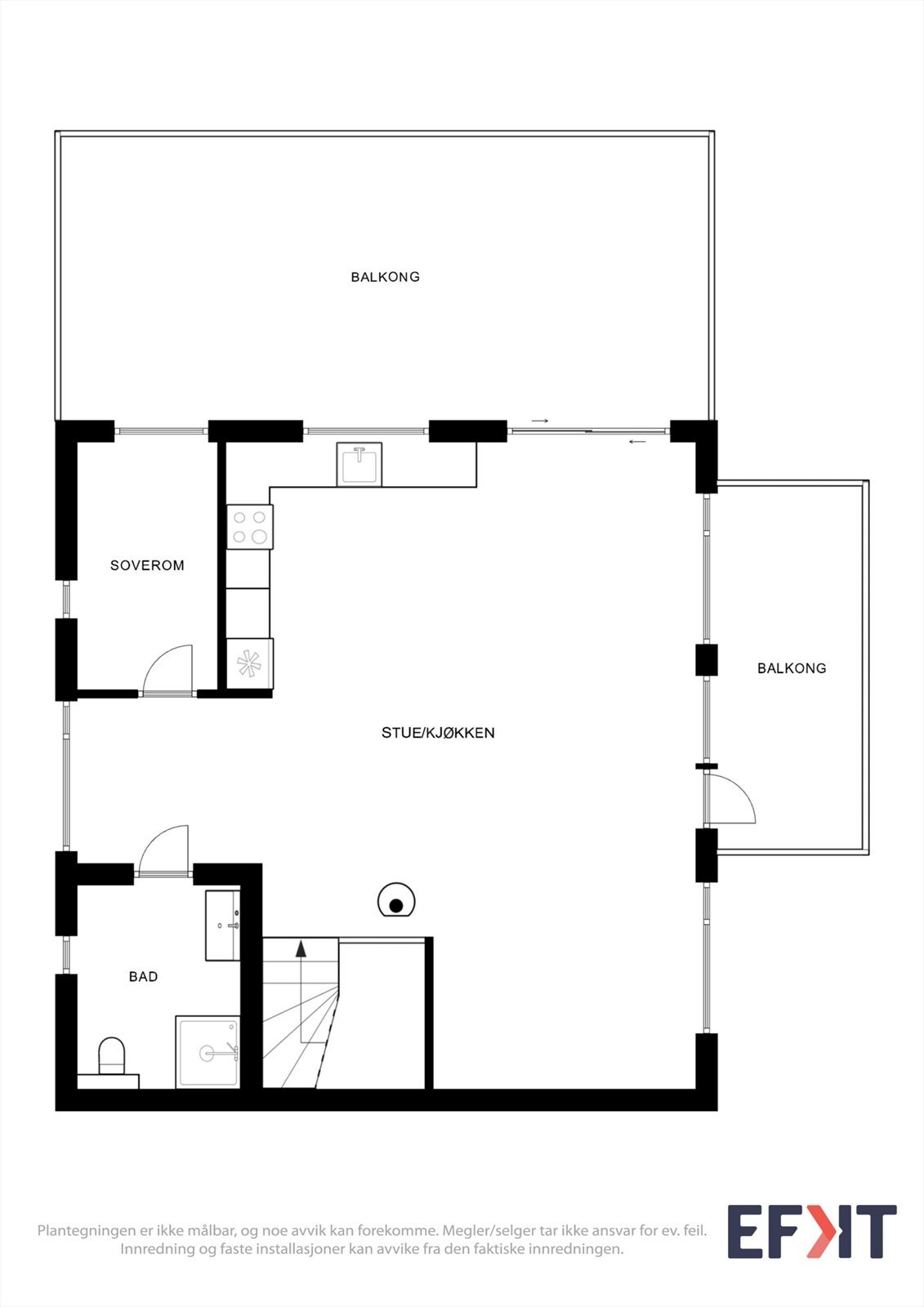Alternativ plantegning 1.etg - det er mulig å dele av et ekstra soverom i 1.etg, da det er tilgang til balkongen også fra stue/kjøkken. Galleribilde