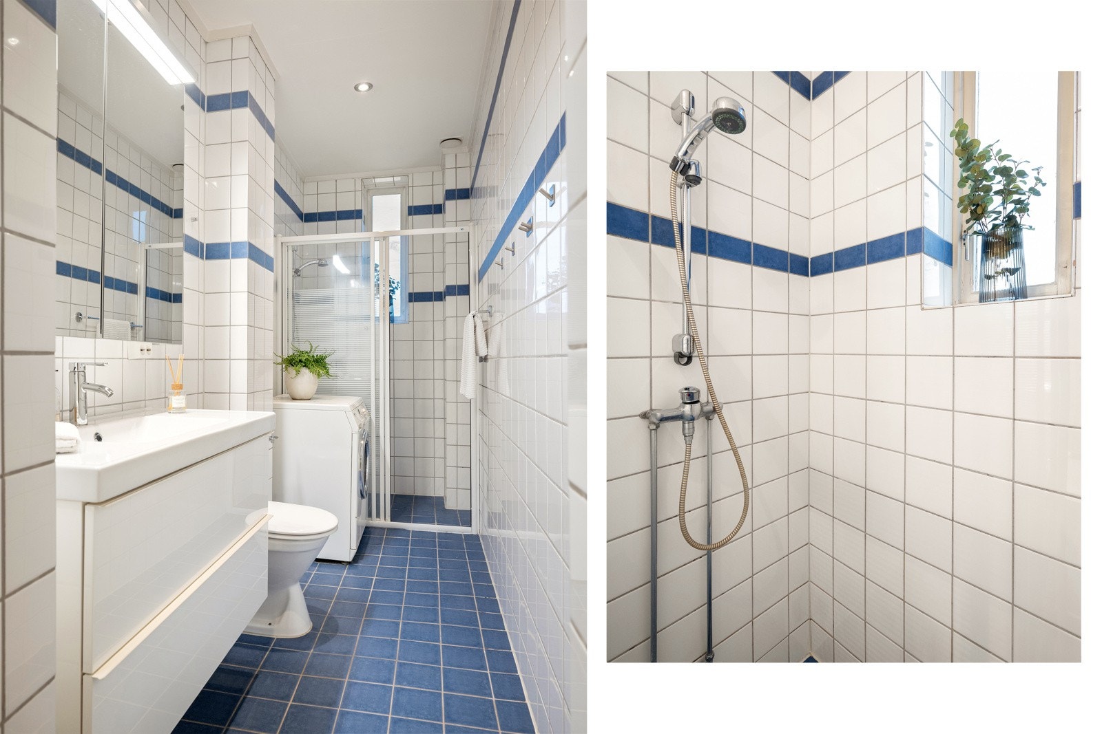 Badet har flislagte vegger og gulv Galleribilde