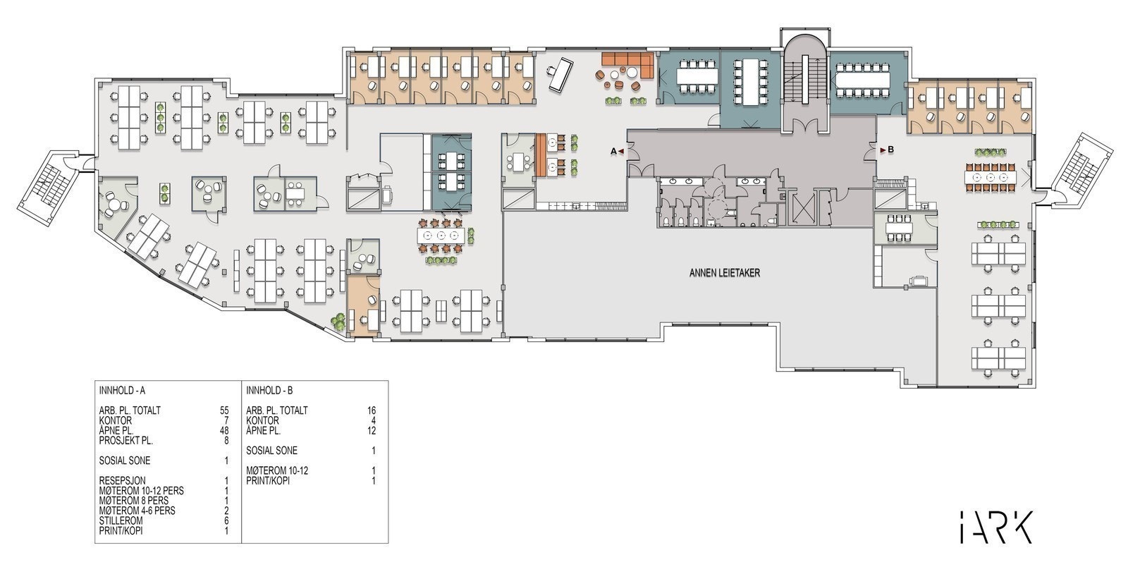 4. etasje - forslag til løsning som kan tilpasses leietakers behov og ønsker. Areal B er utleid. Galleribilde