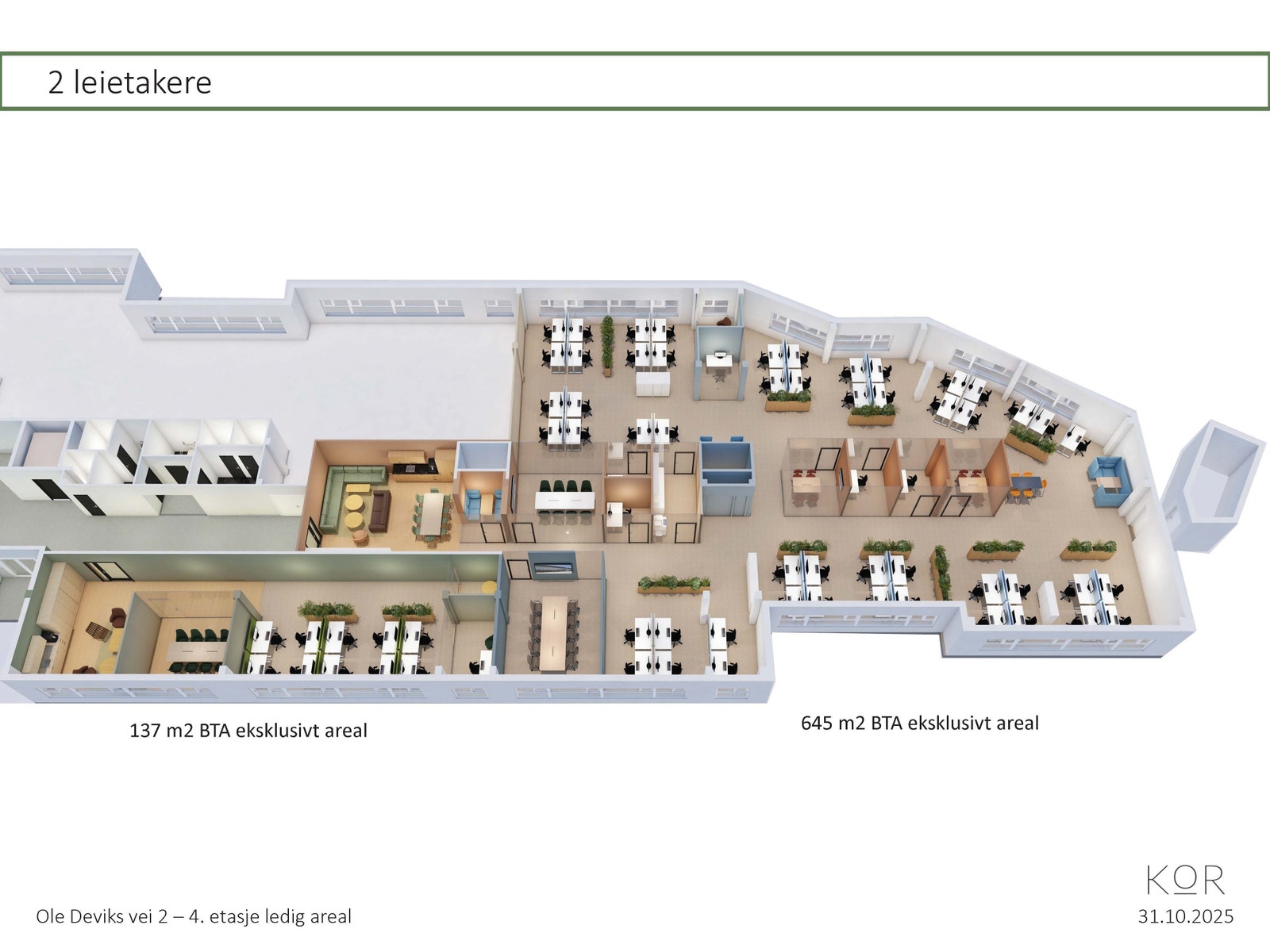 4. etasje delt i to leiearealer på hhv. 175 og 821 kvm. Galleribilde