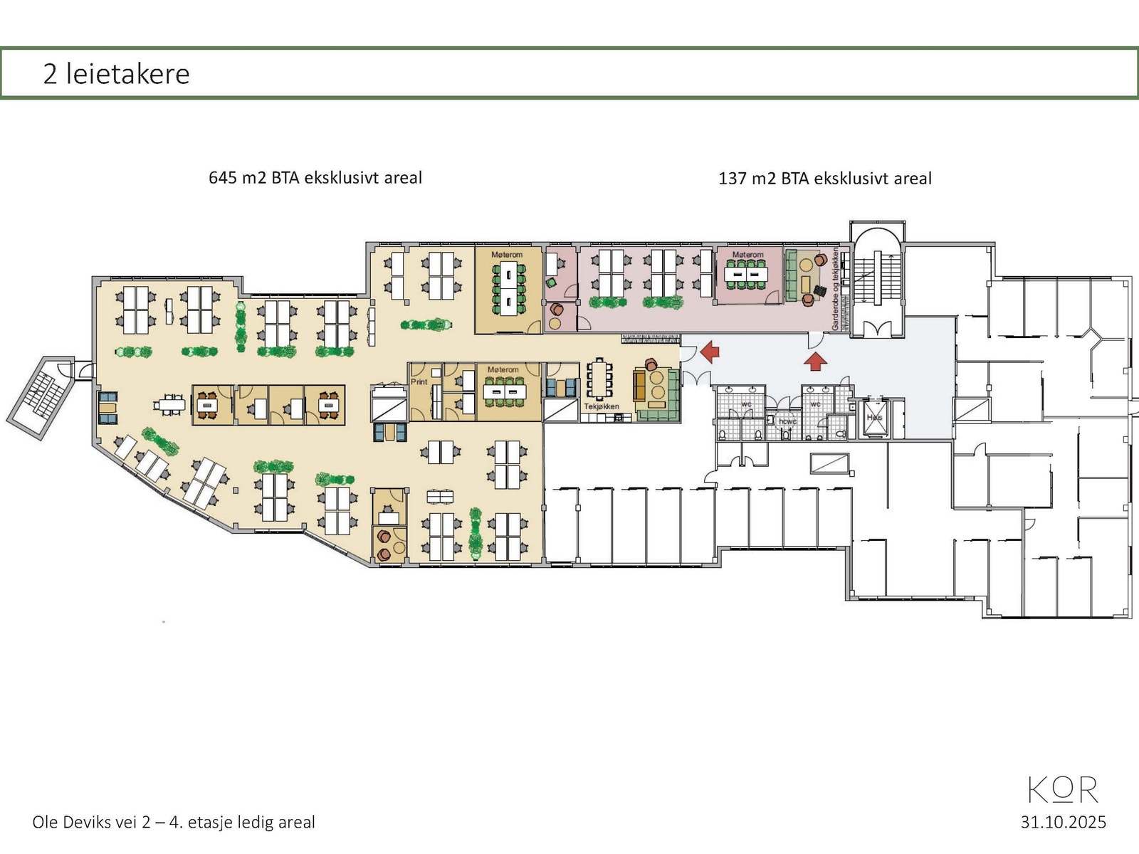 4. etasje delt i to leiearealer på hhv. 175 og 821 kvm. Galleribilde