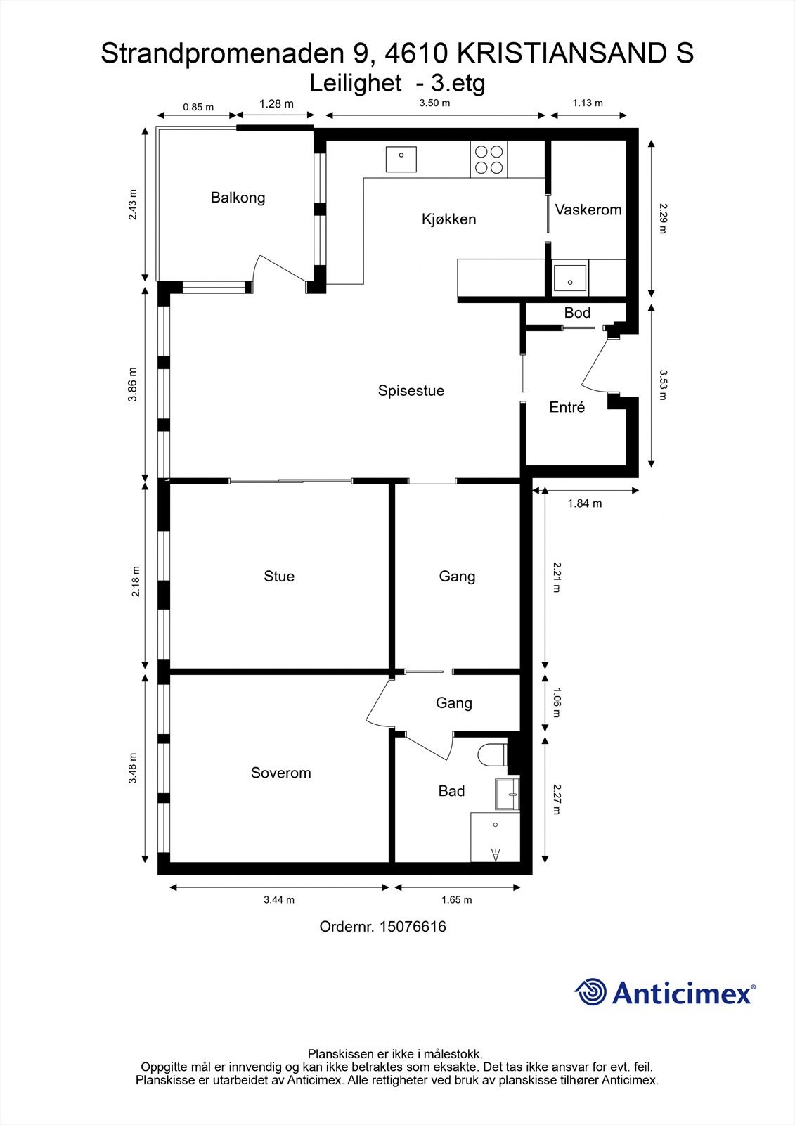 3.Etasje - 2D plantegning med mål Galleribilde