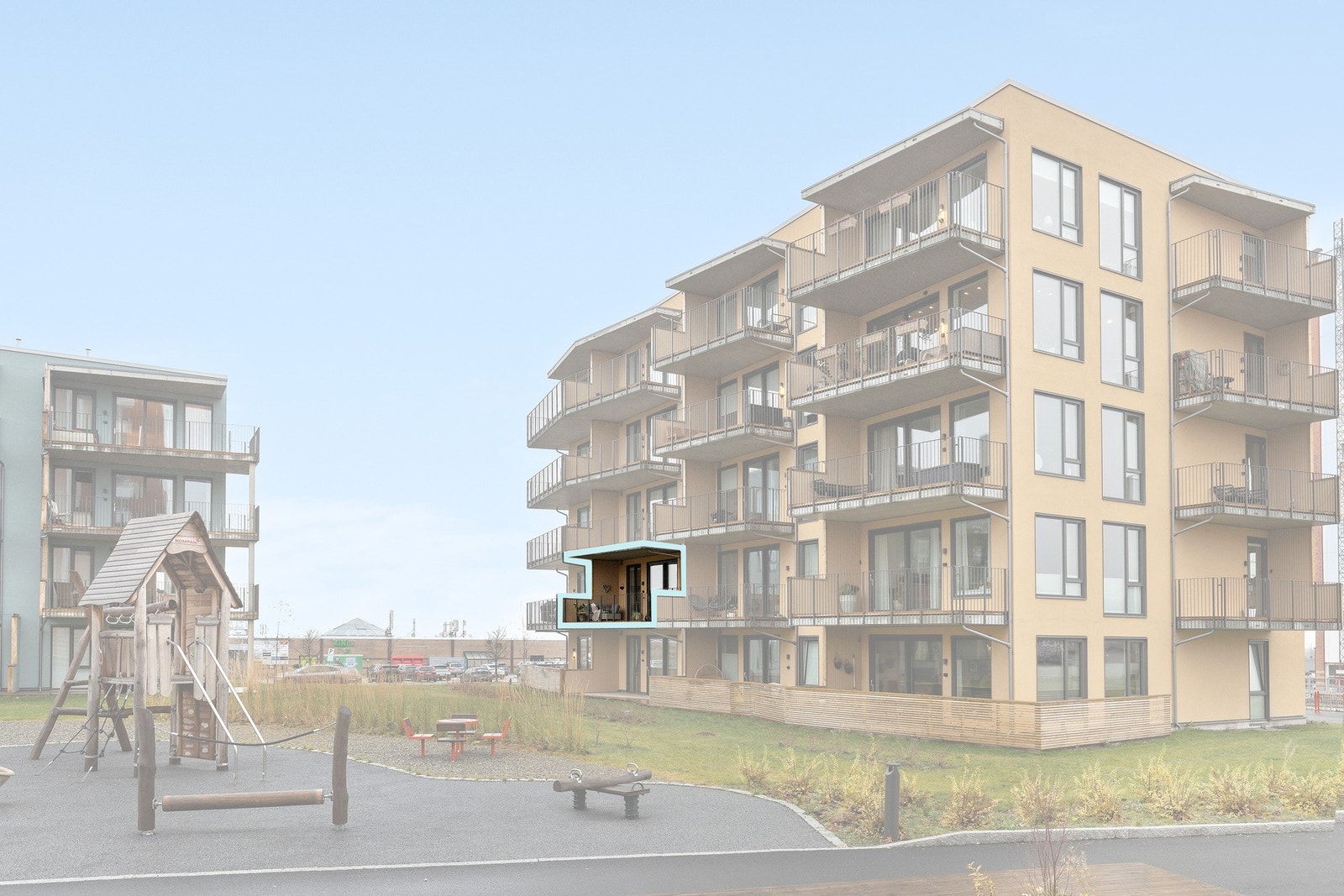 Like ved leiligheten har du fasiliteter som dagligvarebutikken Kiwi og coop mega, apotek, Vinmonopolet, treningssenteret Fresh Fitness og bussholdeplass Galleribilde