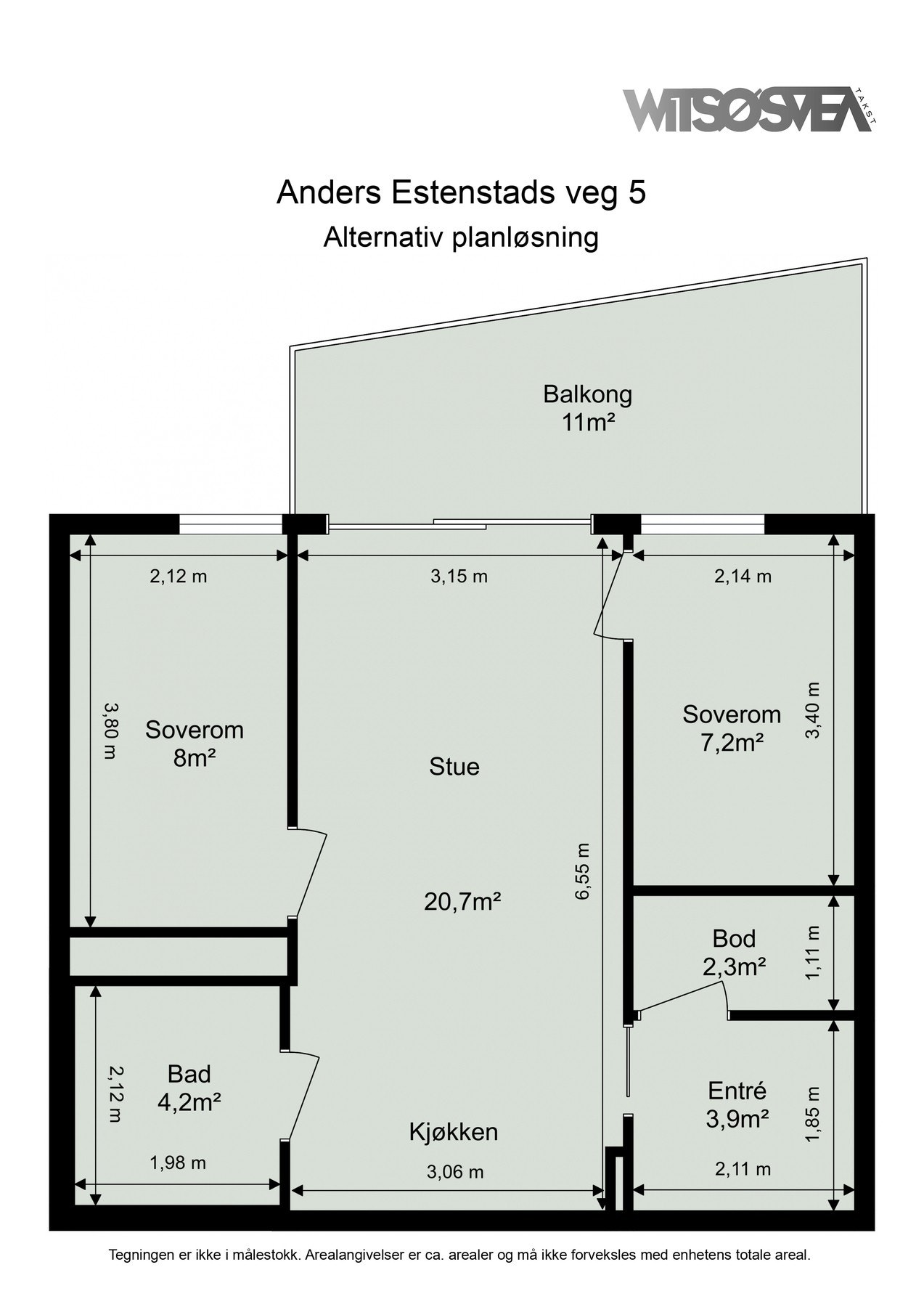 Alternativ planløsning med to soverom ved å sette opp en lettvegg Galleribilde