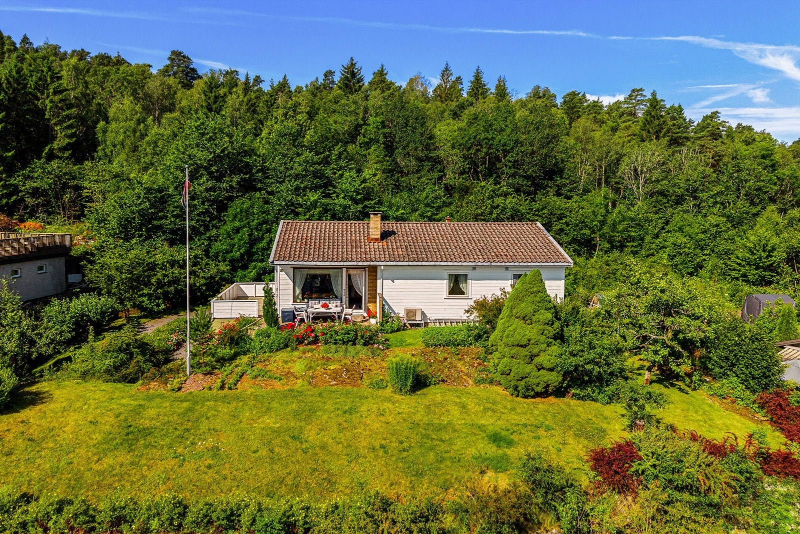Hagen er pent opparbeidet og beplantet med blomsterbed, frukttrær, bær- og prydbusker. Galleribilde
