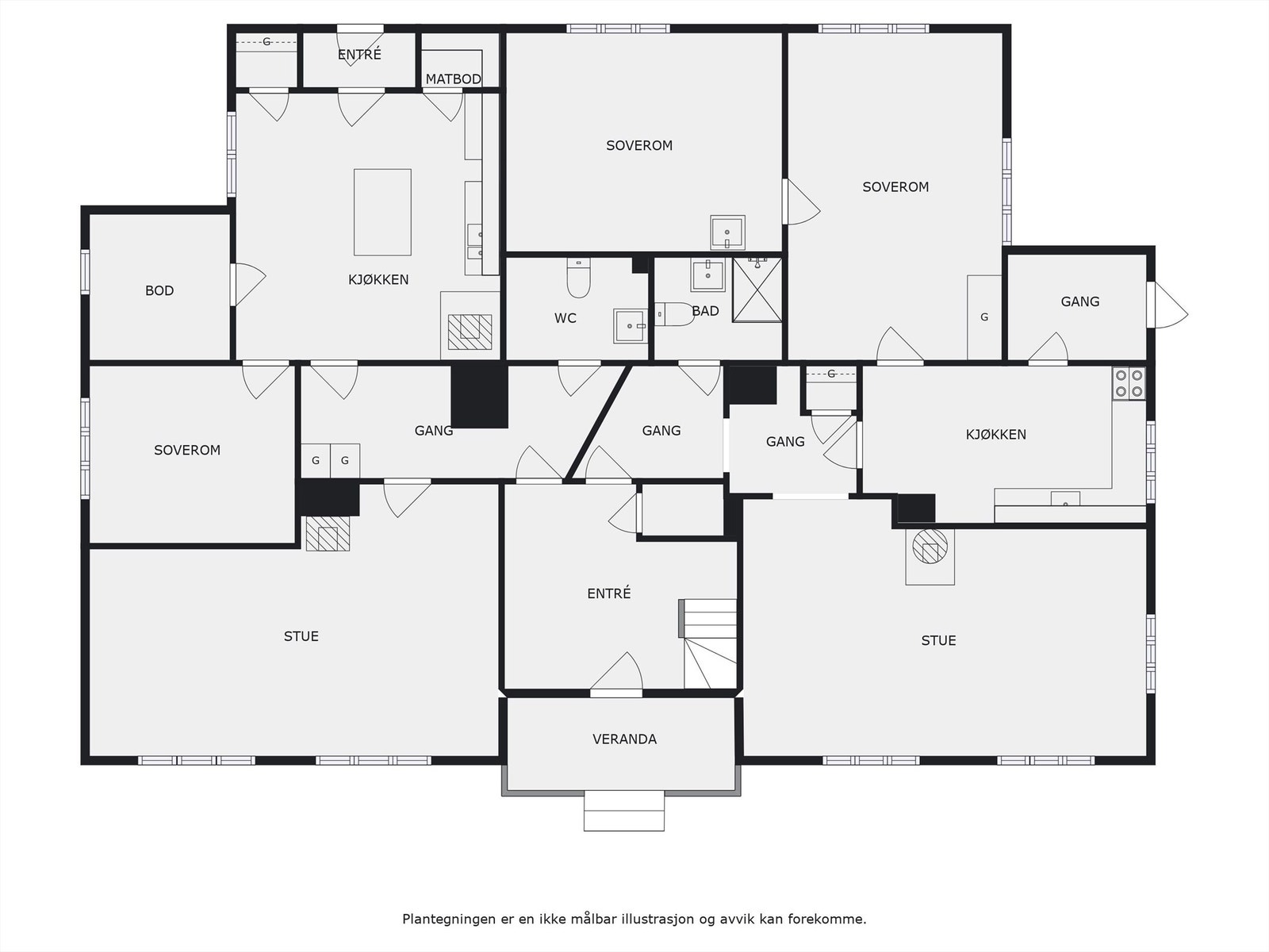 1. etasje: Leilighet A og B - Plantegningen er en ikke målbar illustrasjon og avvik kan forekomme. Galleribilde