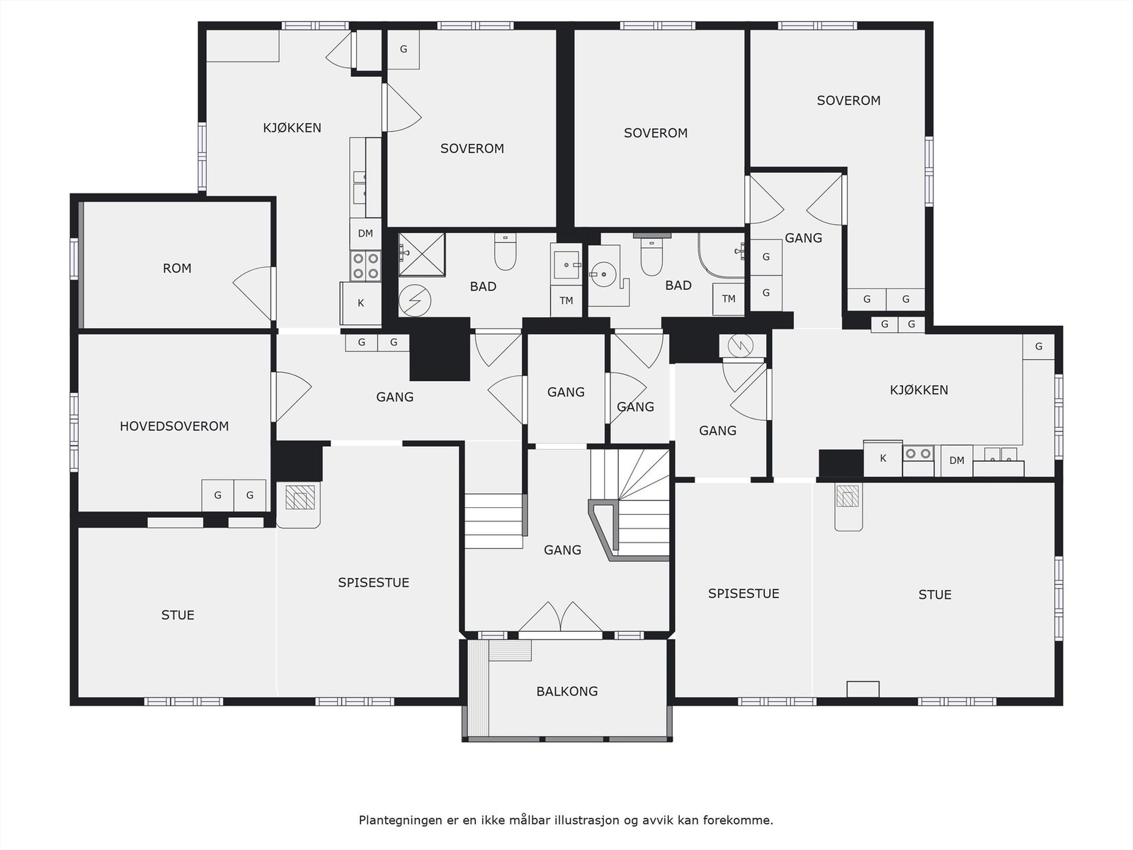 2. etasje: Leilighet C og D - Plantegningen er en ikke målbar illustrasjon og avvik kan forekomme. Galleribilde