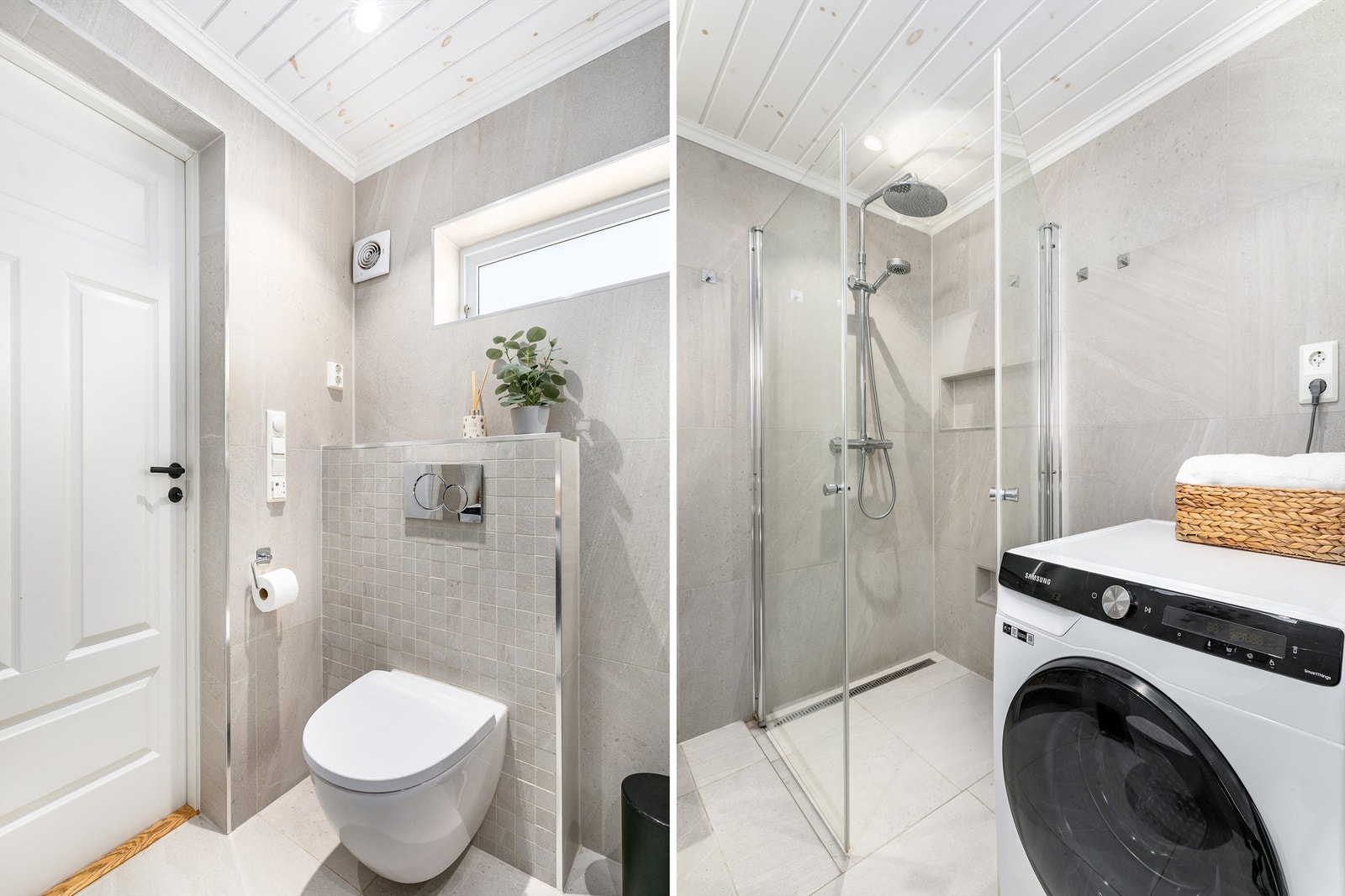 Storformat fliser på gulv og vegger fremmer helhet. I gulvet er det også varme. Galleribilde