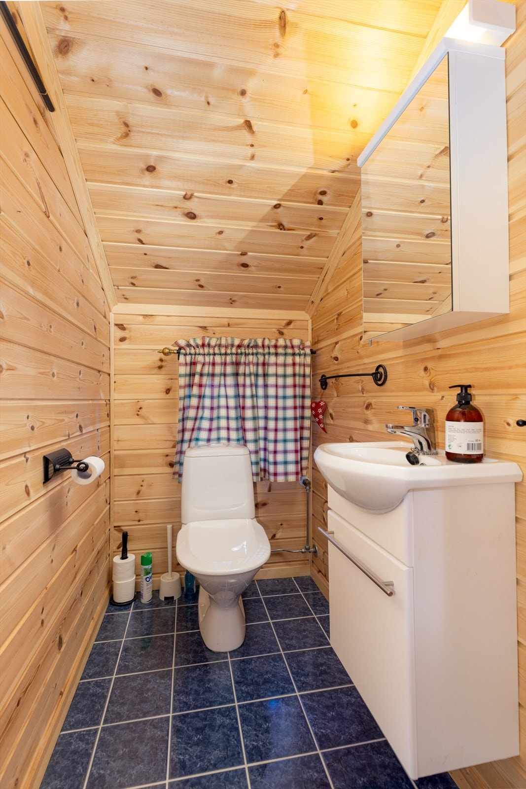 Toalettrommet innehar toalett og servantmøbel med underskap, samt overskap med speil. Galleribilde