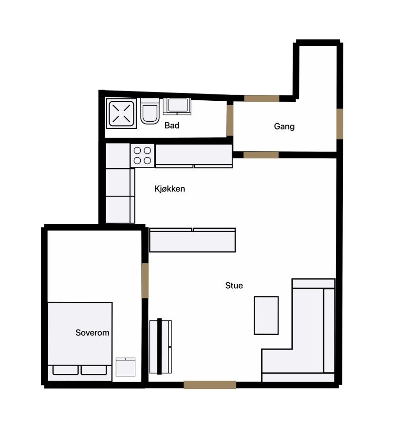 Plantegning over dagens bruk av leiligheten. Galleribilde