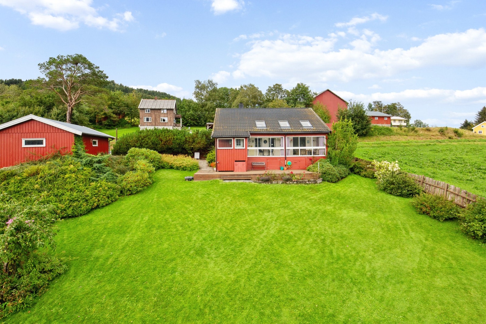 Pent opparbeidet hage med plen og beplantning Galleribilde