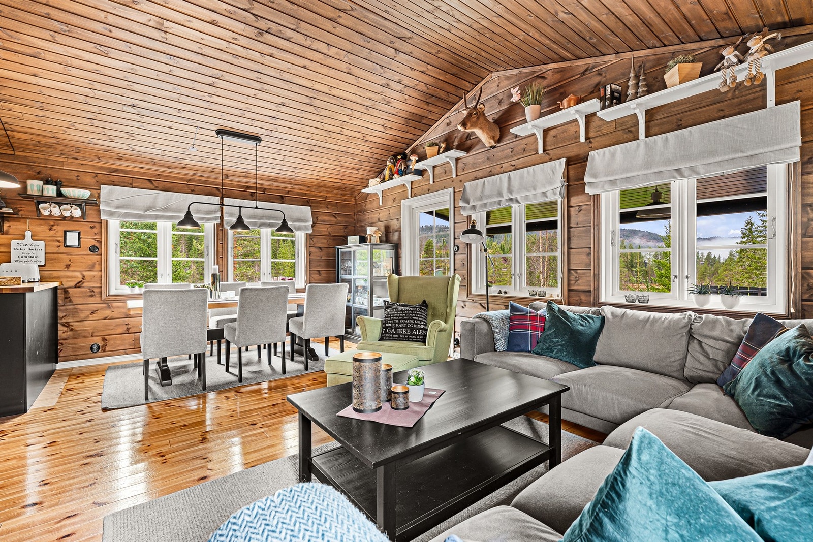 Romslig stue med god plass til spisebord Galleribilde