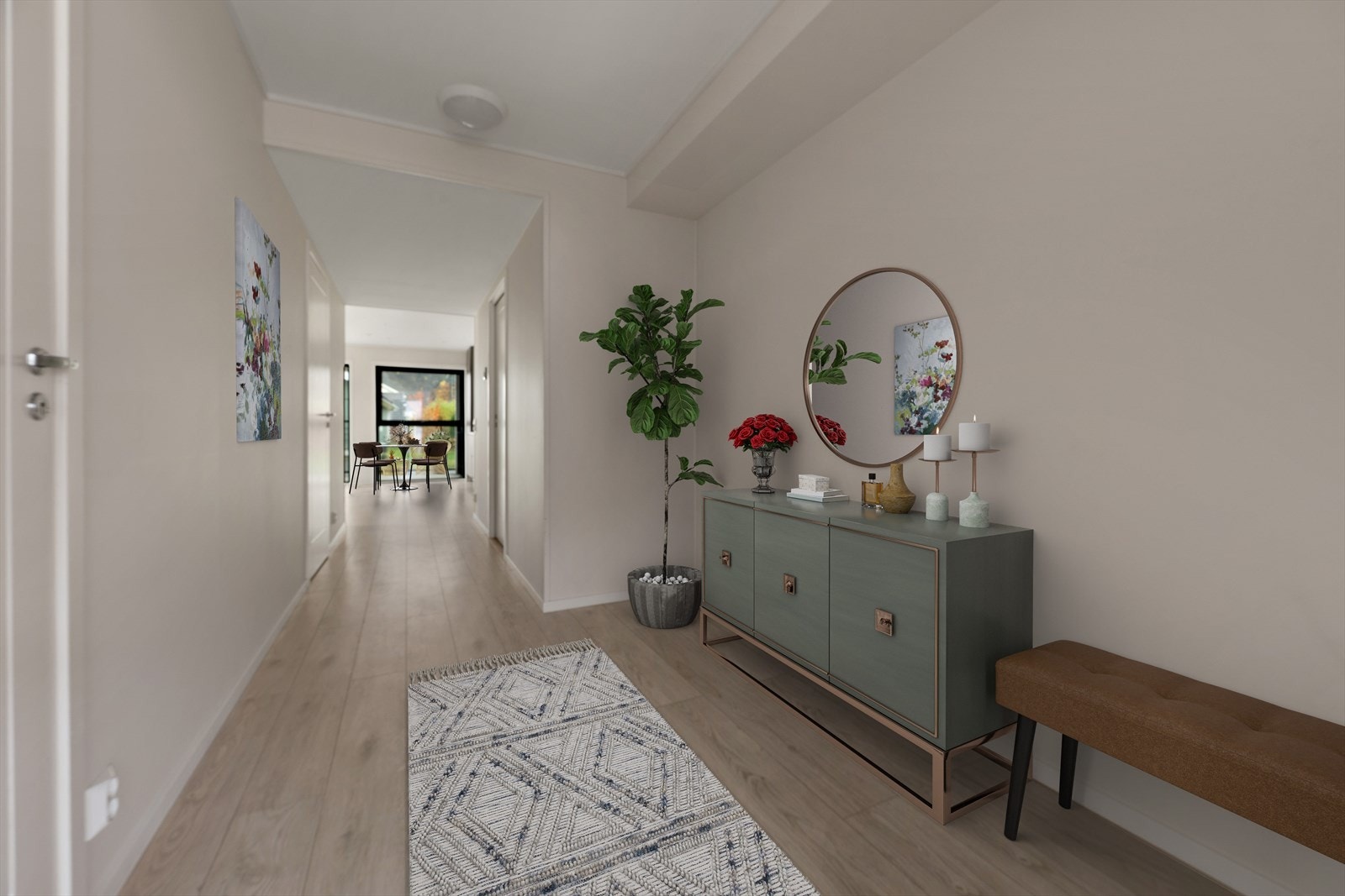 Entre mot stue (bildet er digitalt møblert). Fra gangen er det dør til teknisk rom/bod. Galleribilde