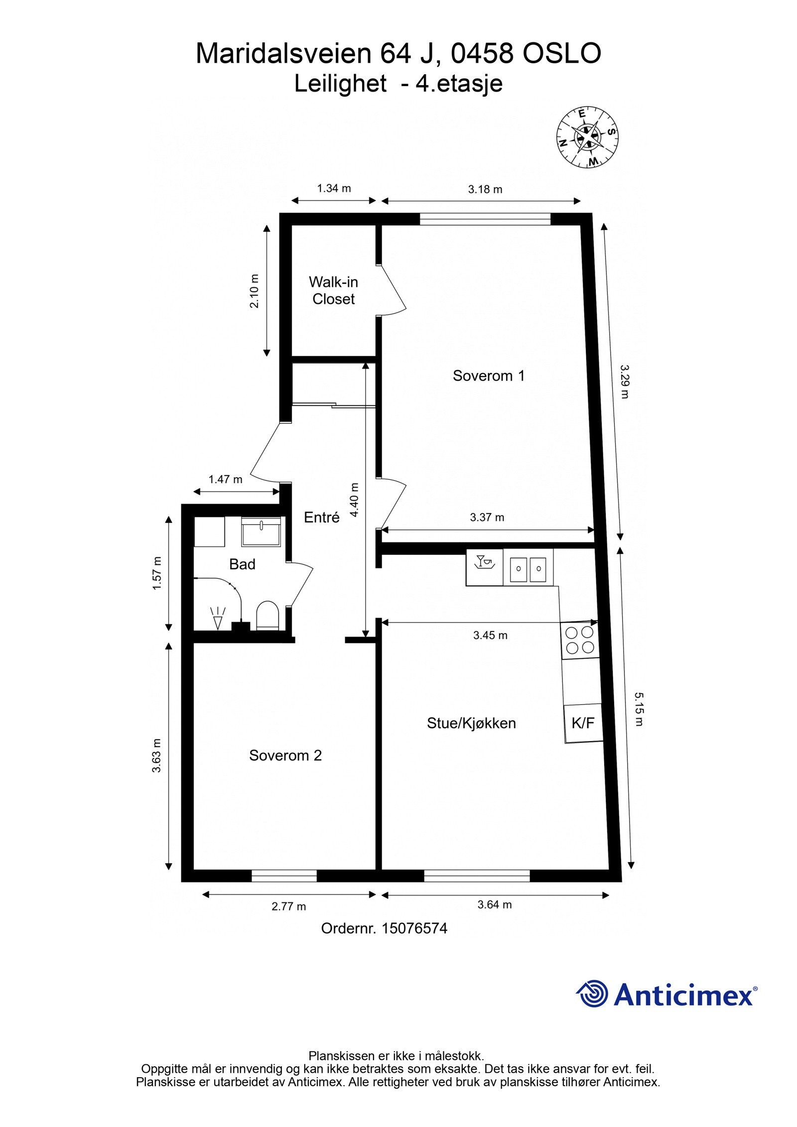 - Plantegning med mål Maridalsveien 64 J, 4.etasje - Galleribilde