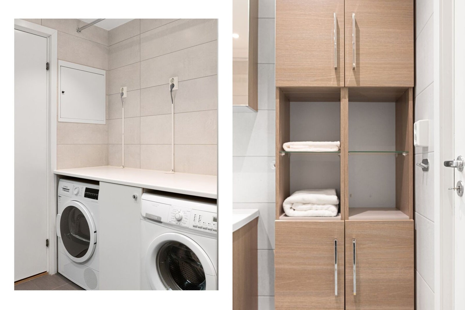 Praktisk vaskenisje med opplegg for vaskemaskin og tørketrommel. Galleribilde