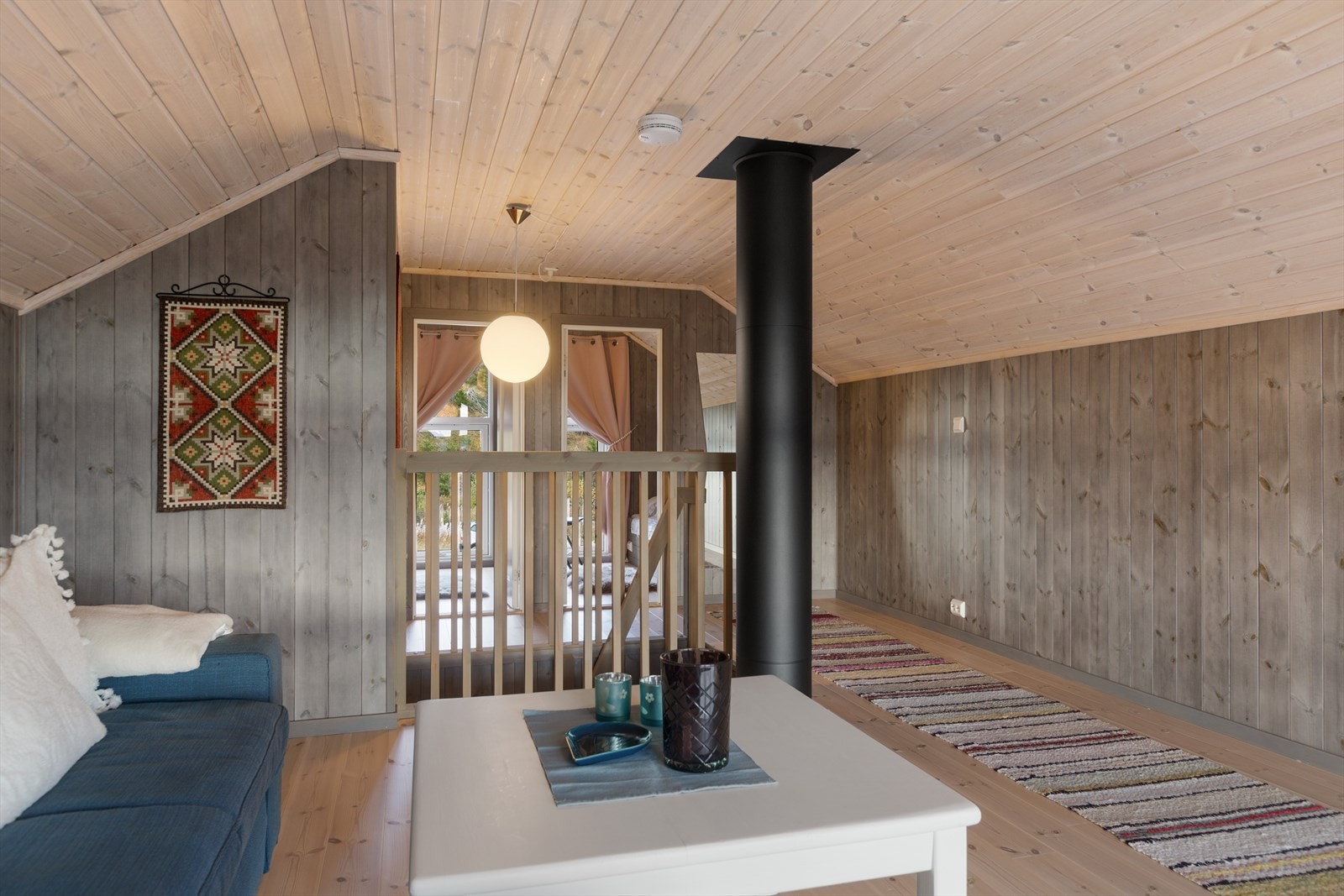 Loftsetasjen har flat himling og sjarmerende skråtak, noe som gir lavere takhøyde i deler rommene, men godt med gulvplass. Galleribilde