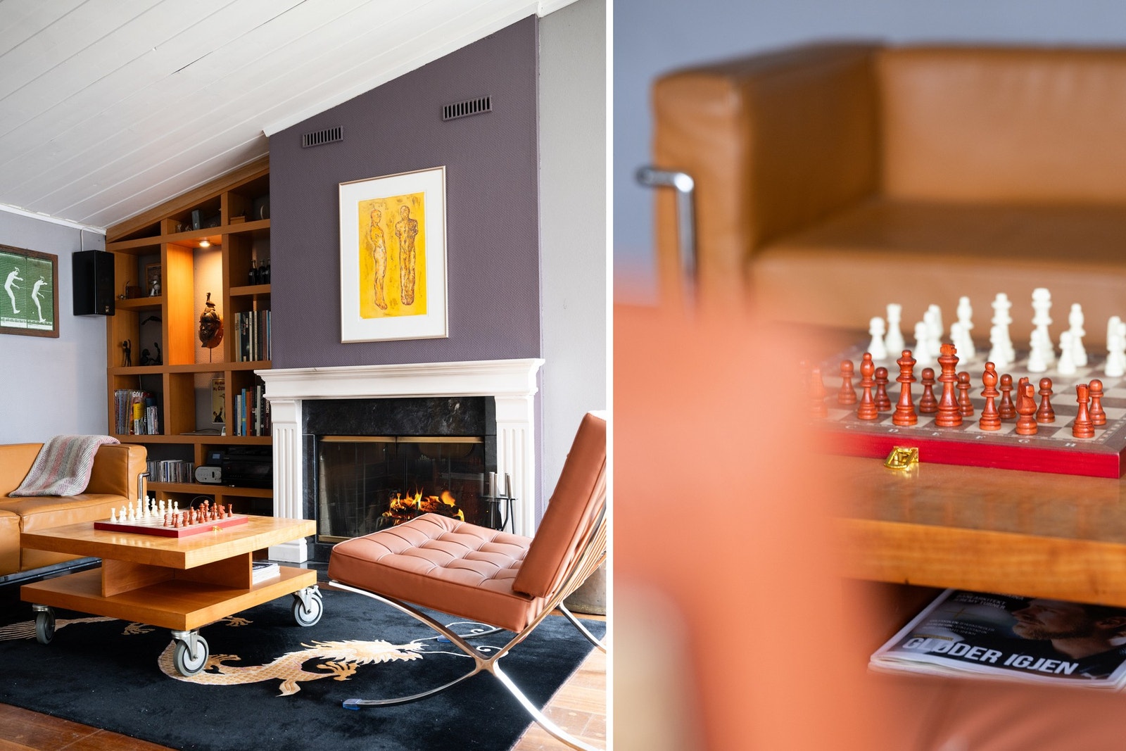 Den vakre peisen fungerer som et naturlig midtpunkt og sørger for varme og hygge på kalde dager. Galleribilde